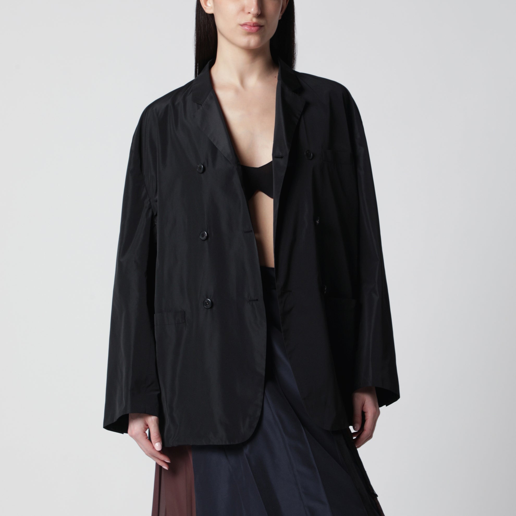 Black double-breasted technical taffeta jacket