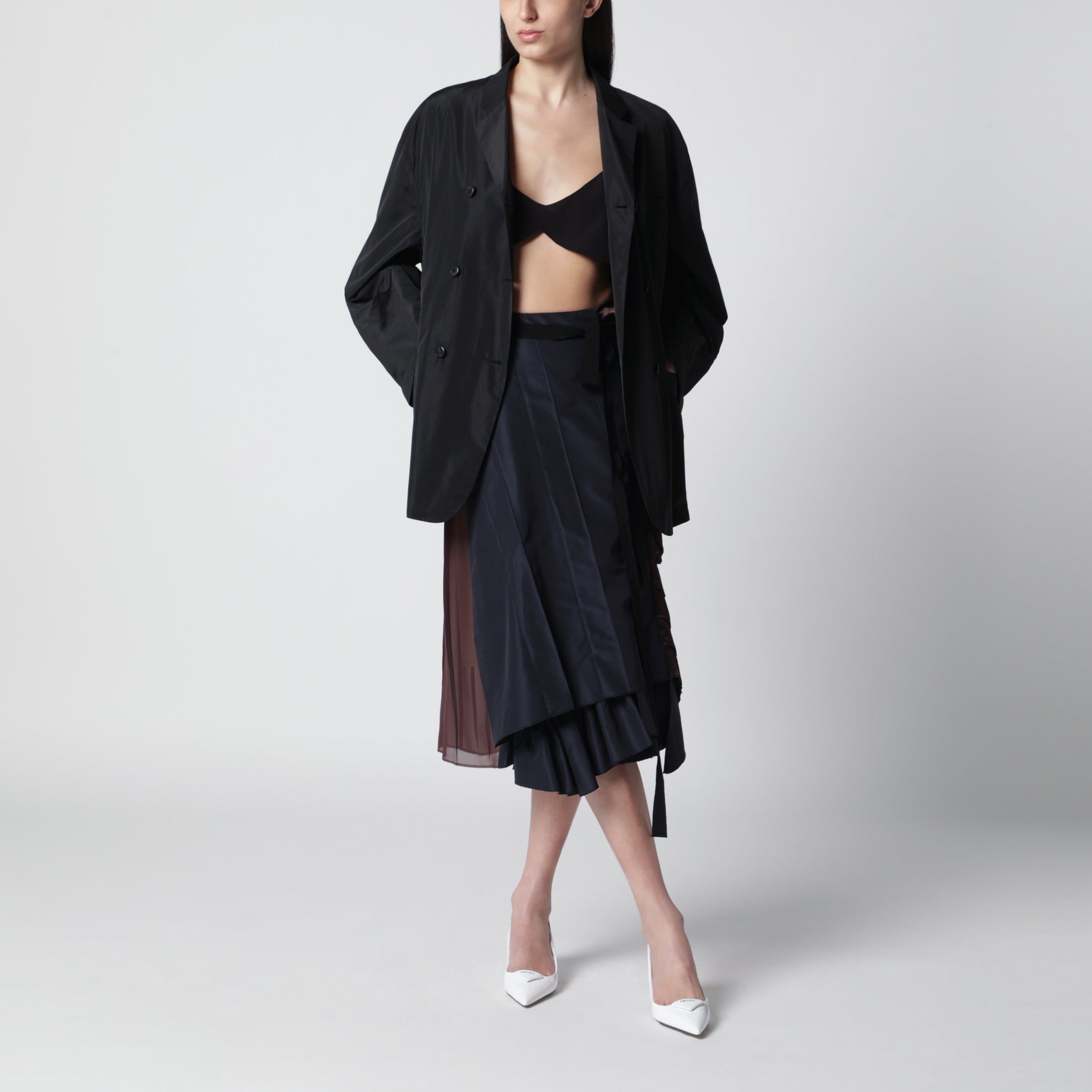 Black double-breasted technical taffeta jacket