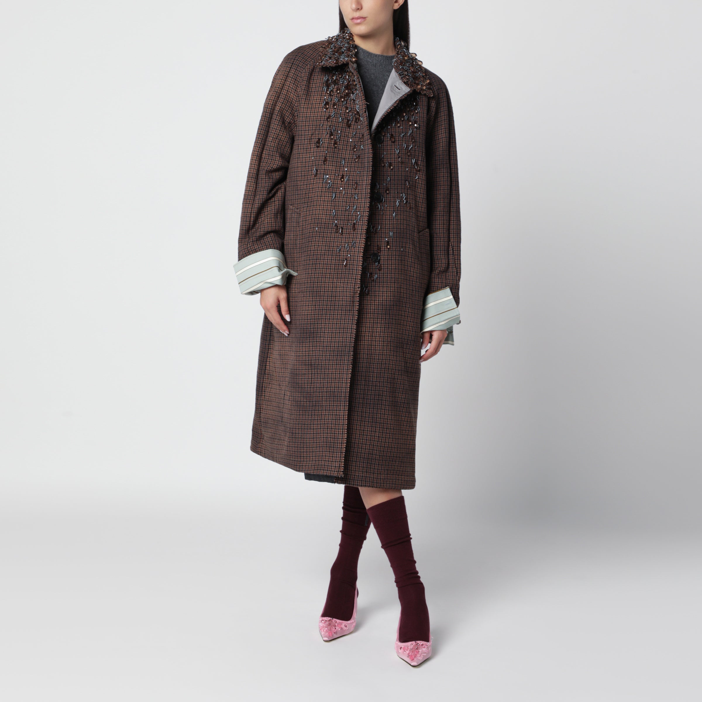 Prada Reversible overcoat in twill and vintage-effect houndstooth