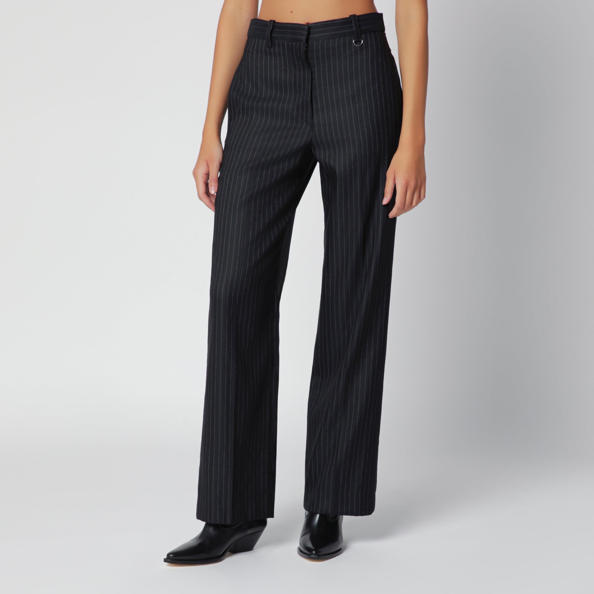 Black pinstripe wool-blend trousers