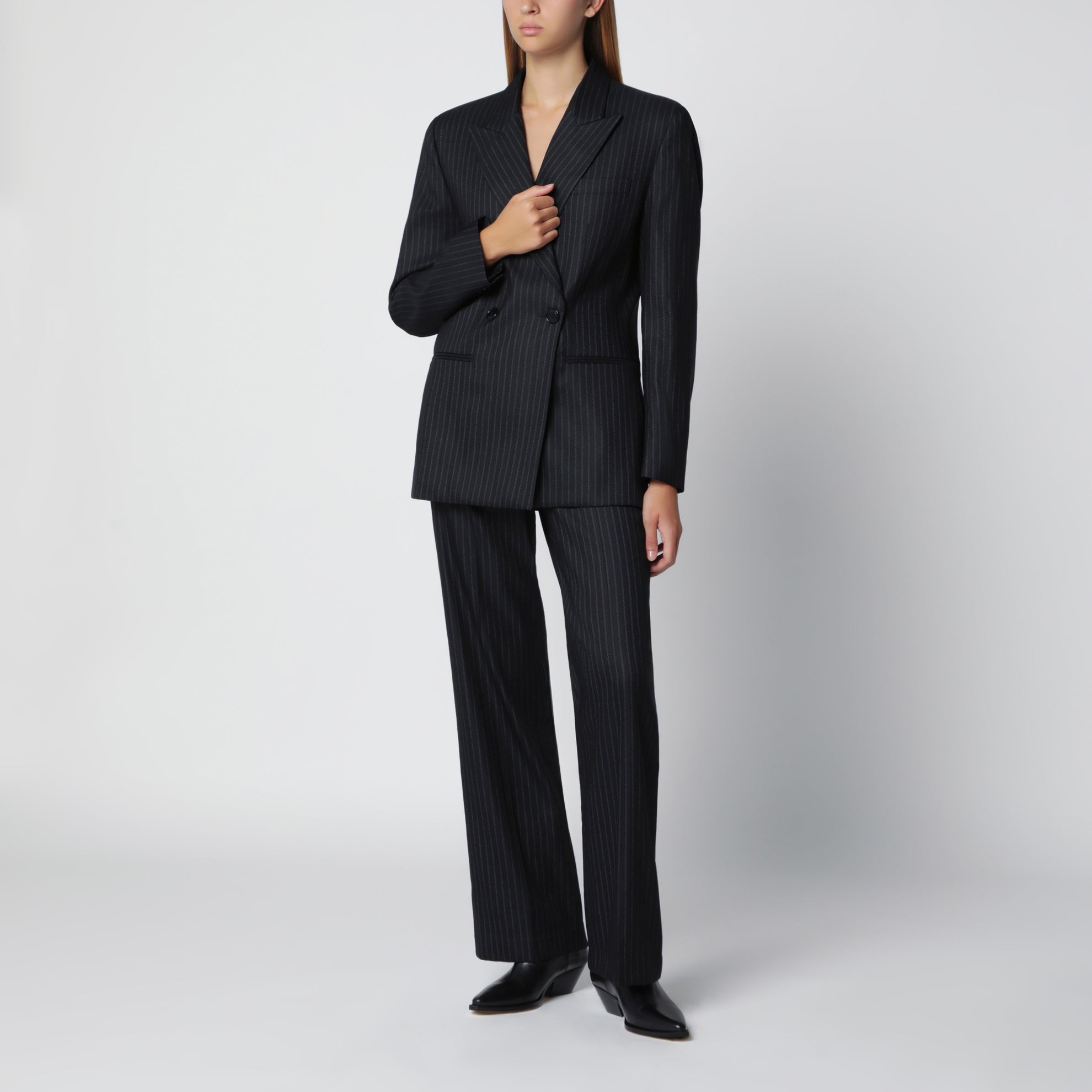 Black pinstripe wool-blend trousers