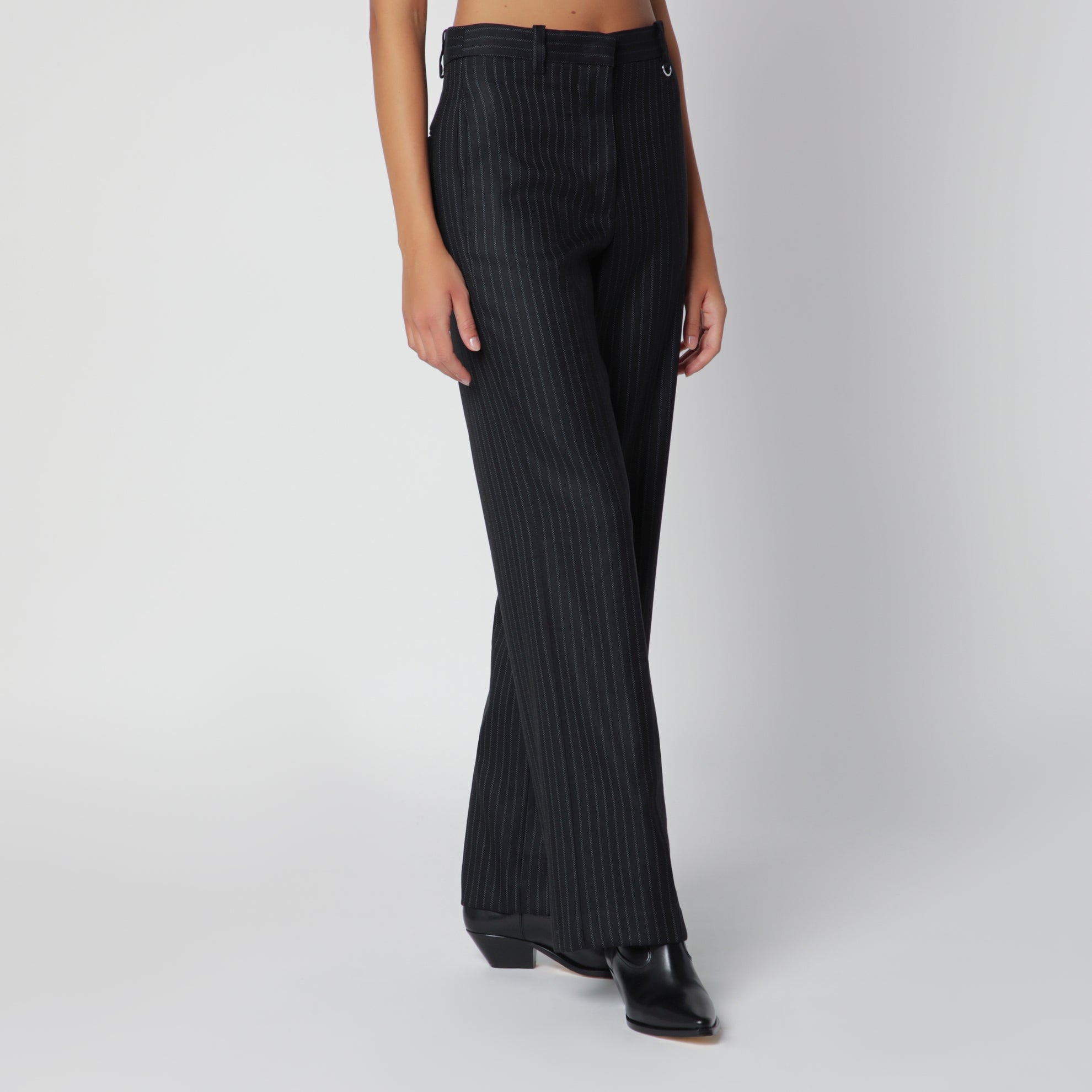 Black pinstripe wool-blend trousers