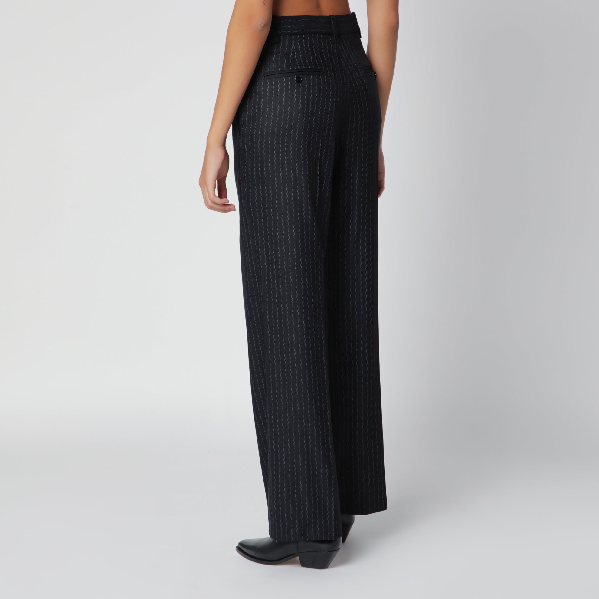 Black pinstripe wool-blend trousers