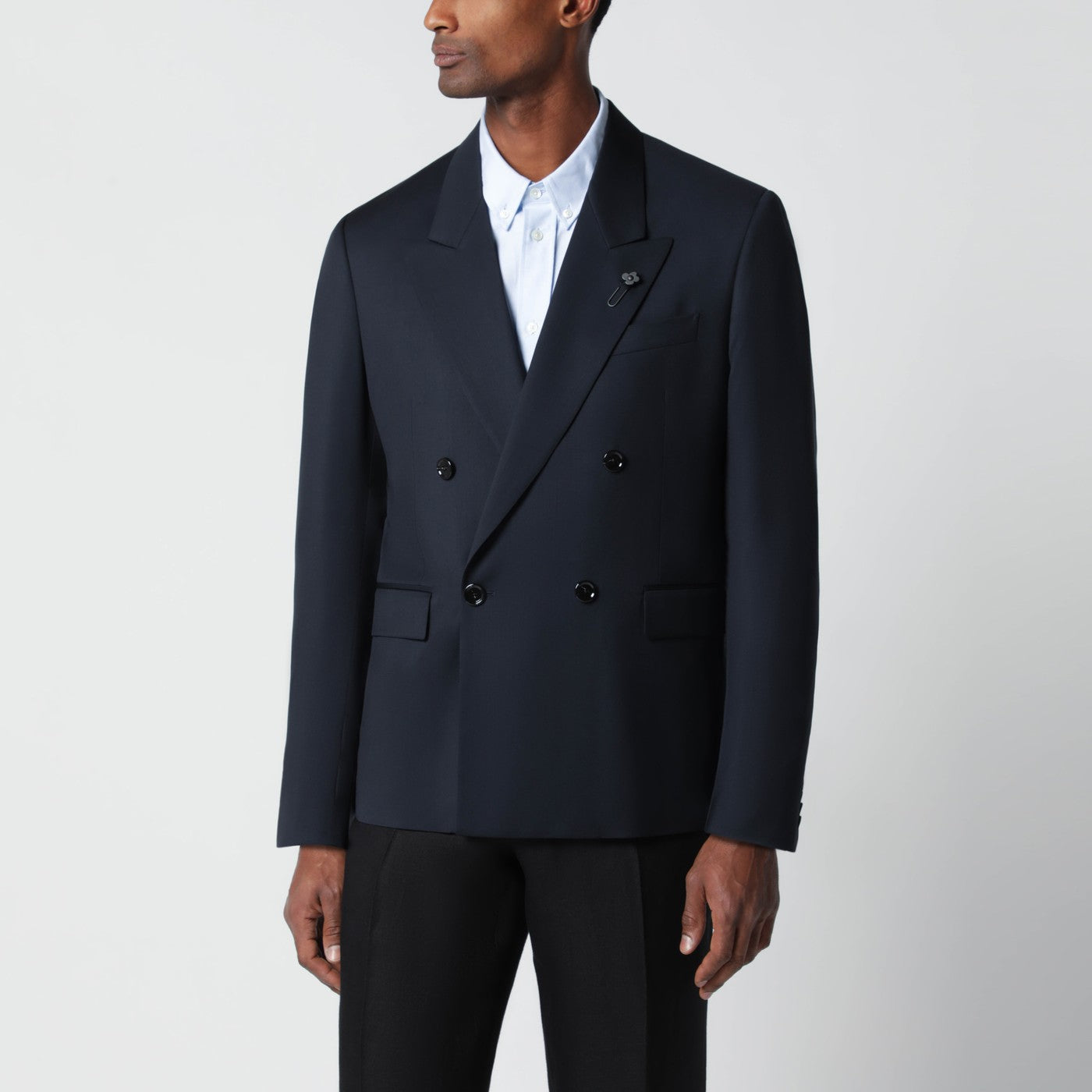 Blaue doppelreihige Wolljacke