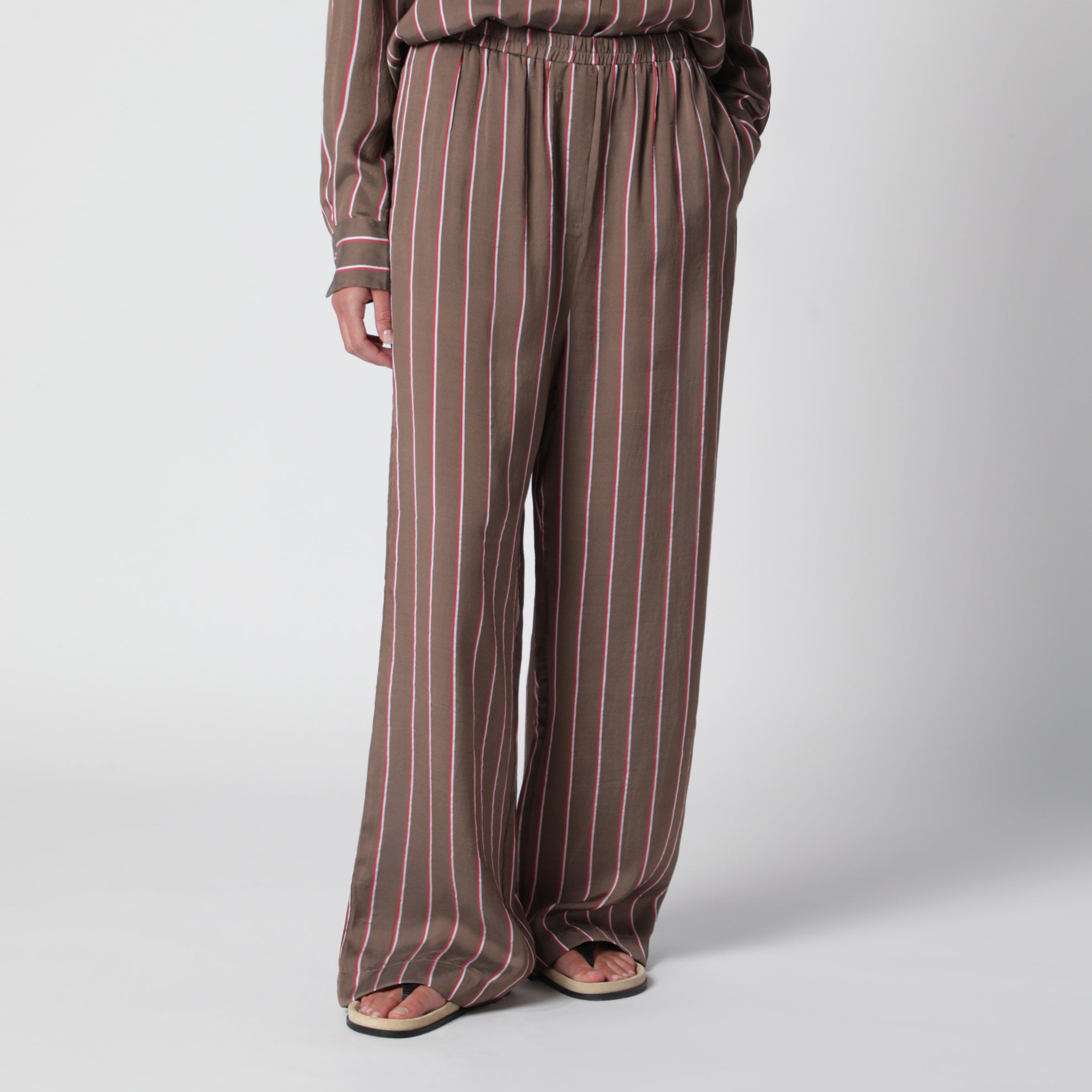 Short rayé en viscose et soie marron