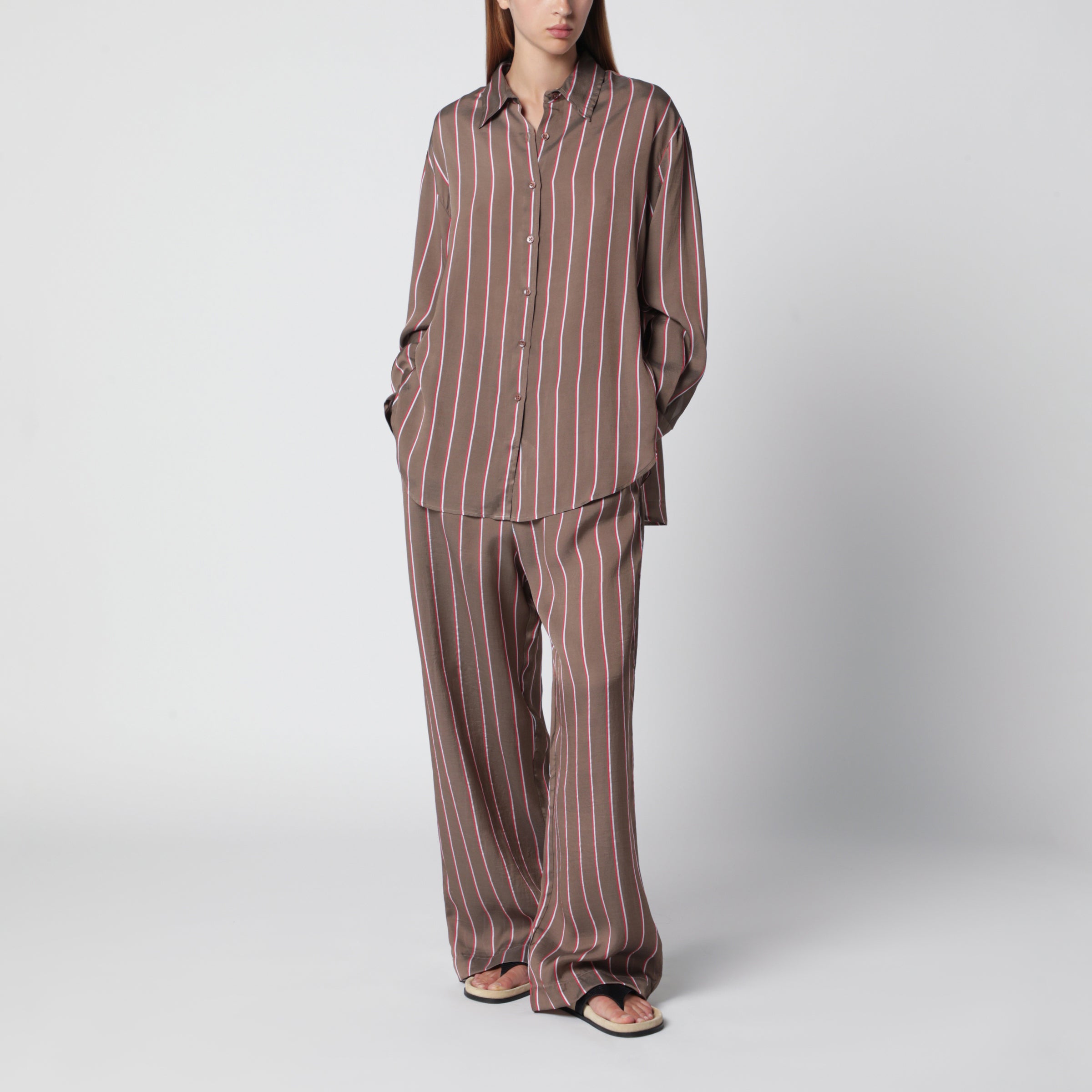The Frankie Shop Brown striped viscose and silk shorts | TheDoubleF
