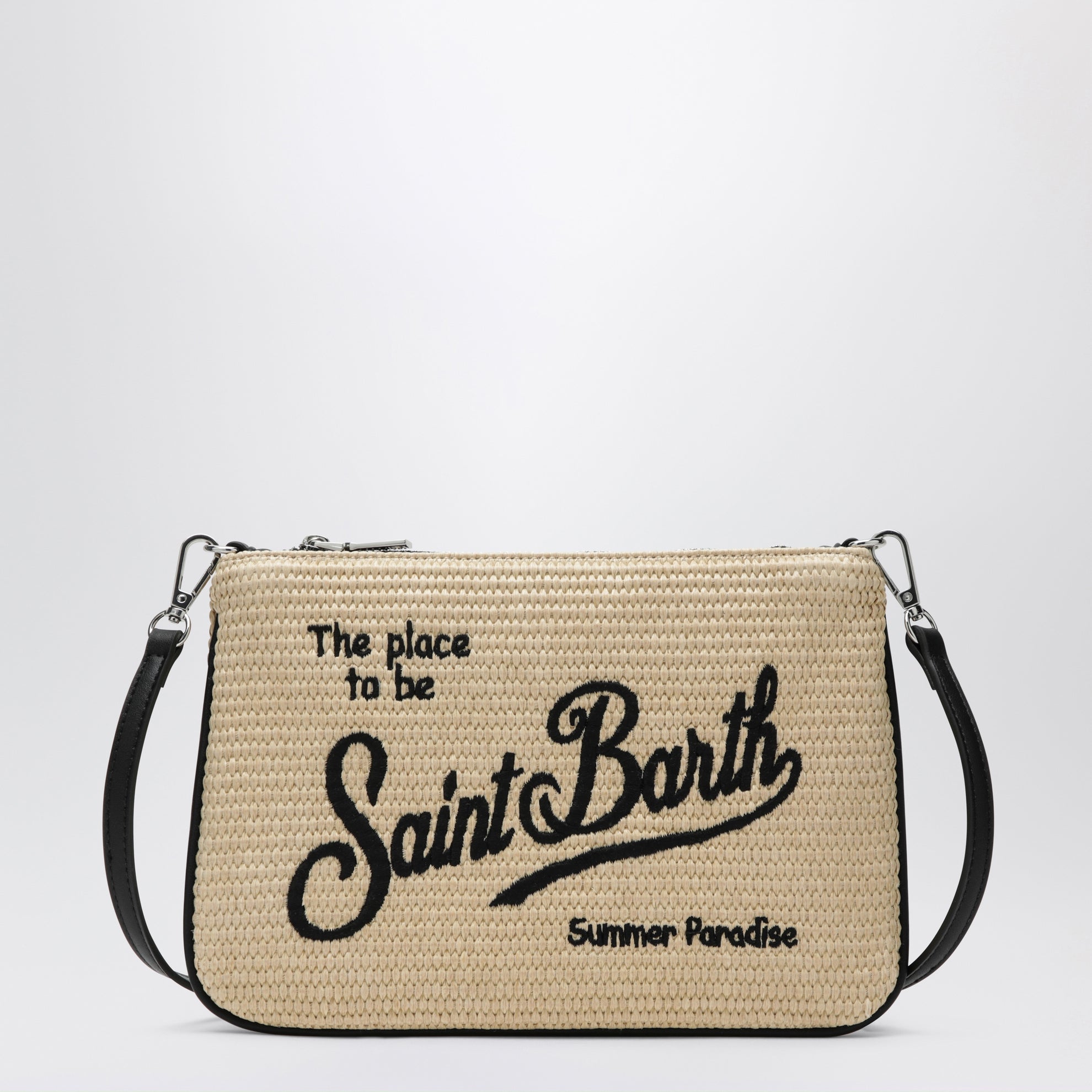 Parisienne straw-effect clutch with embroidered logo