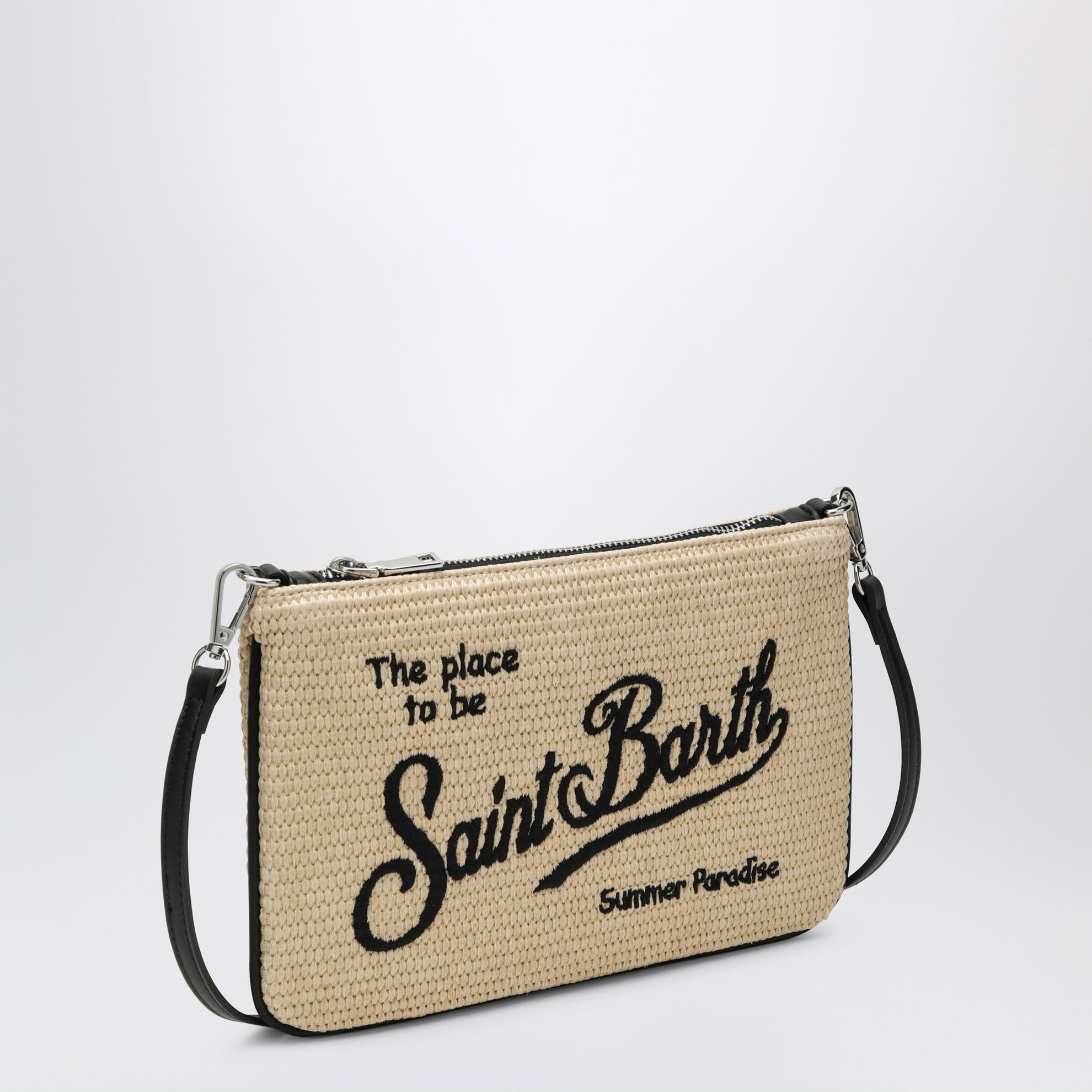 Parisienne straw-effect clutch with embroidered logo