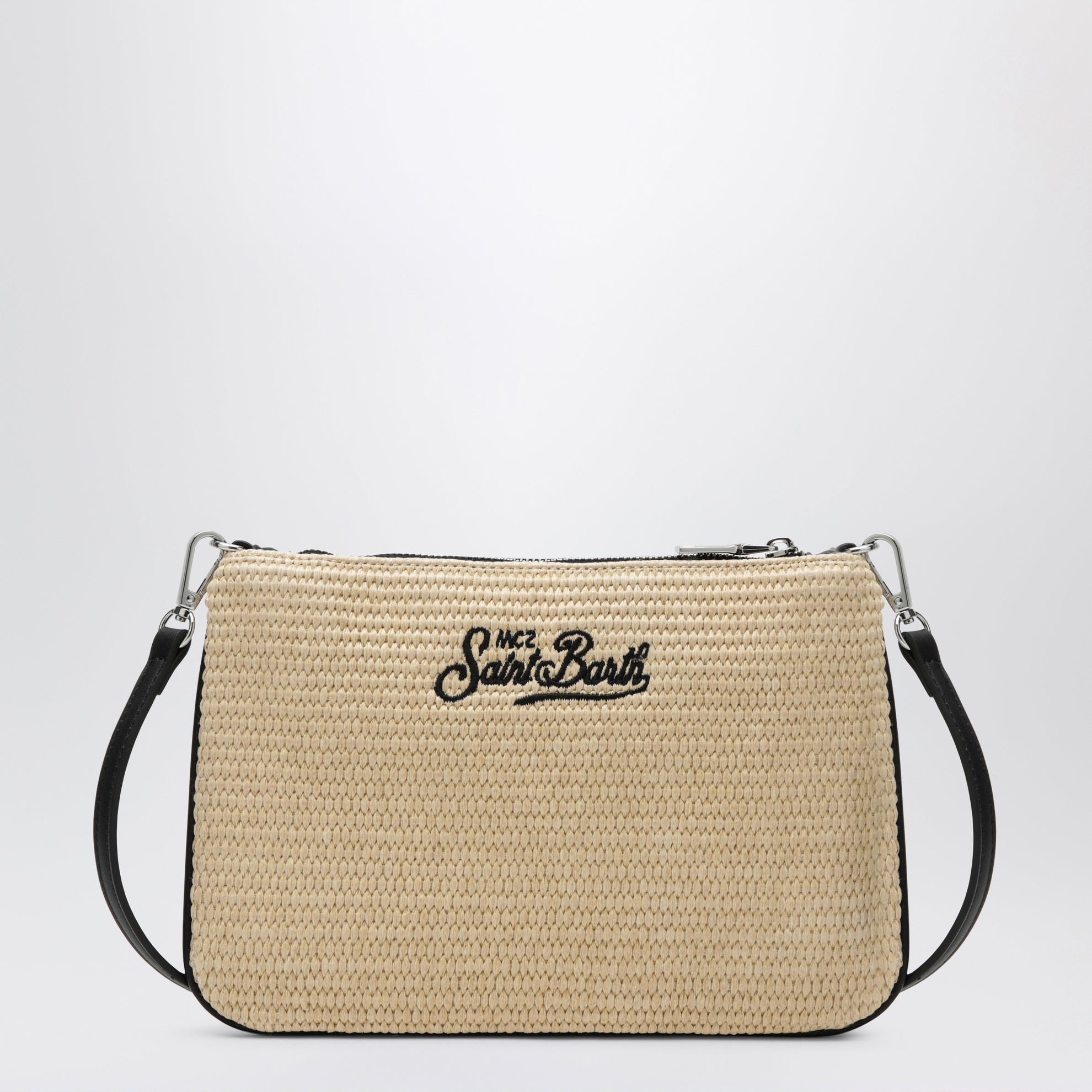 Parisienne straw-effect clutch with embroidered logo