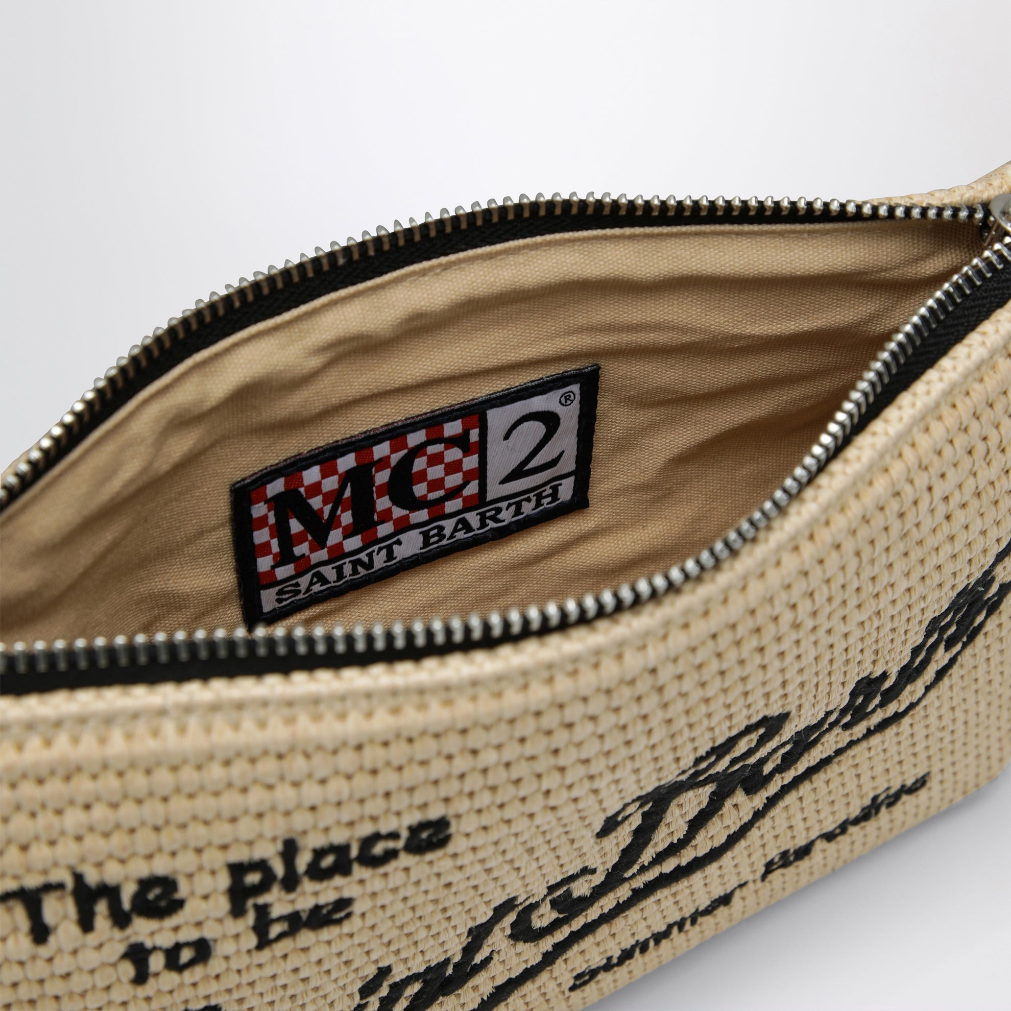 Parisienne straw-effect clutch with embroidered logo