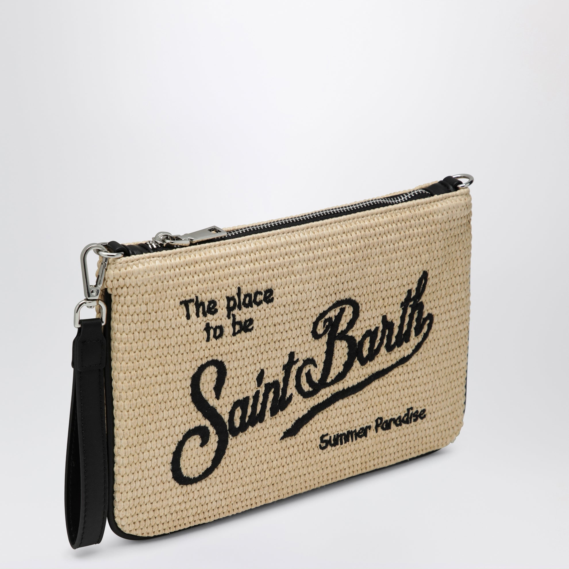 Parisienne straw-effect clutch with embroidered logo