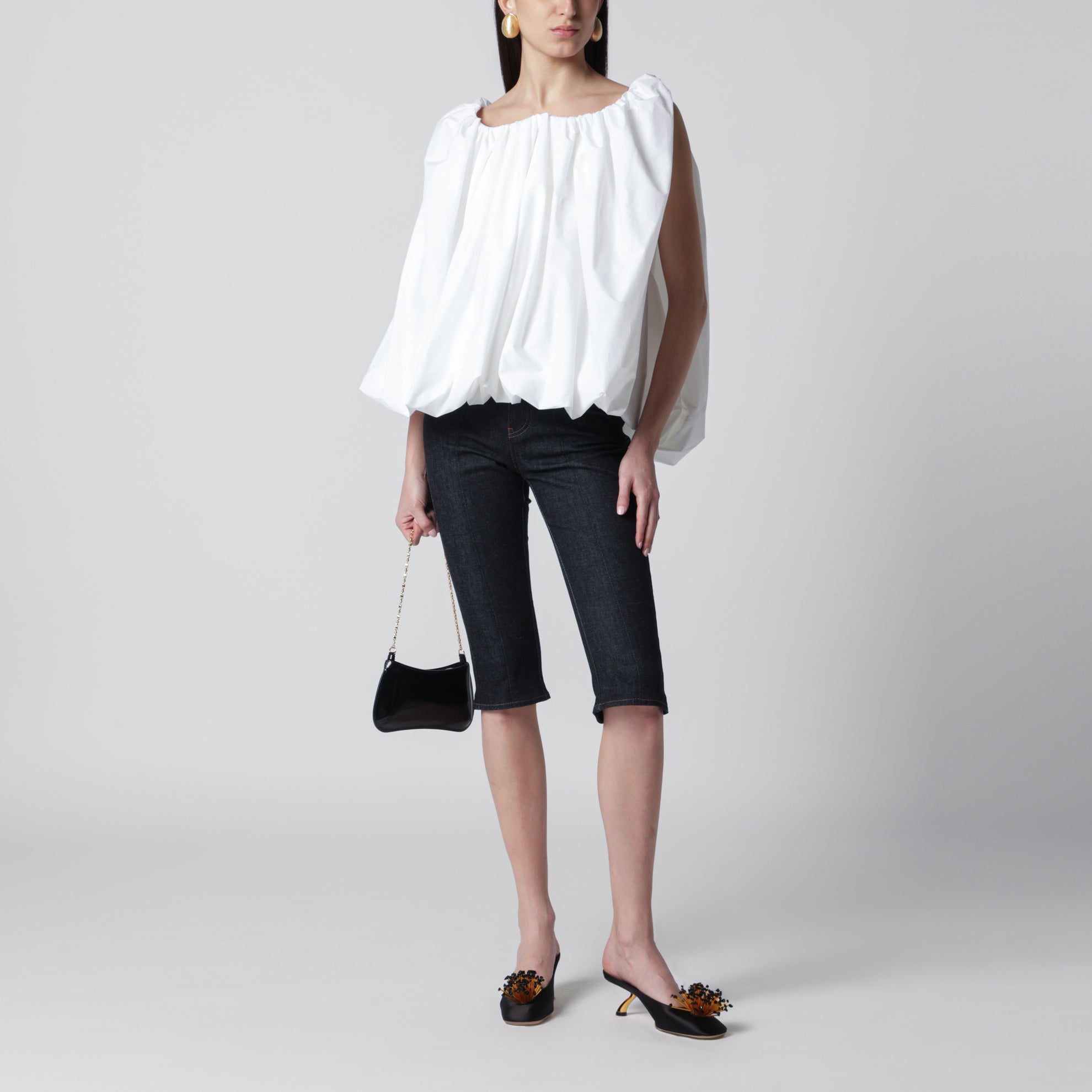 Jeans Capri a vita alta in denim blu navy