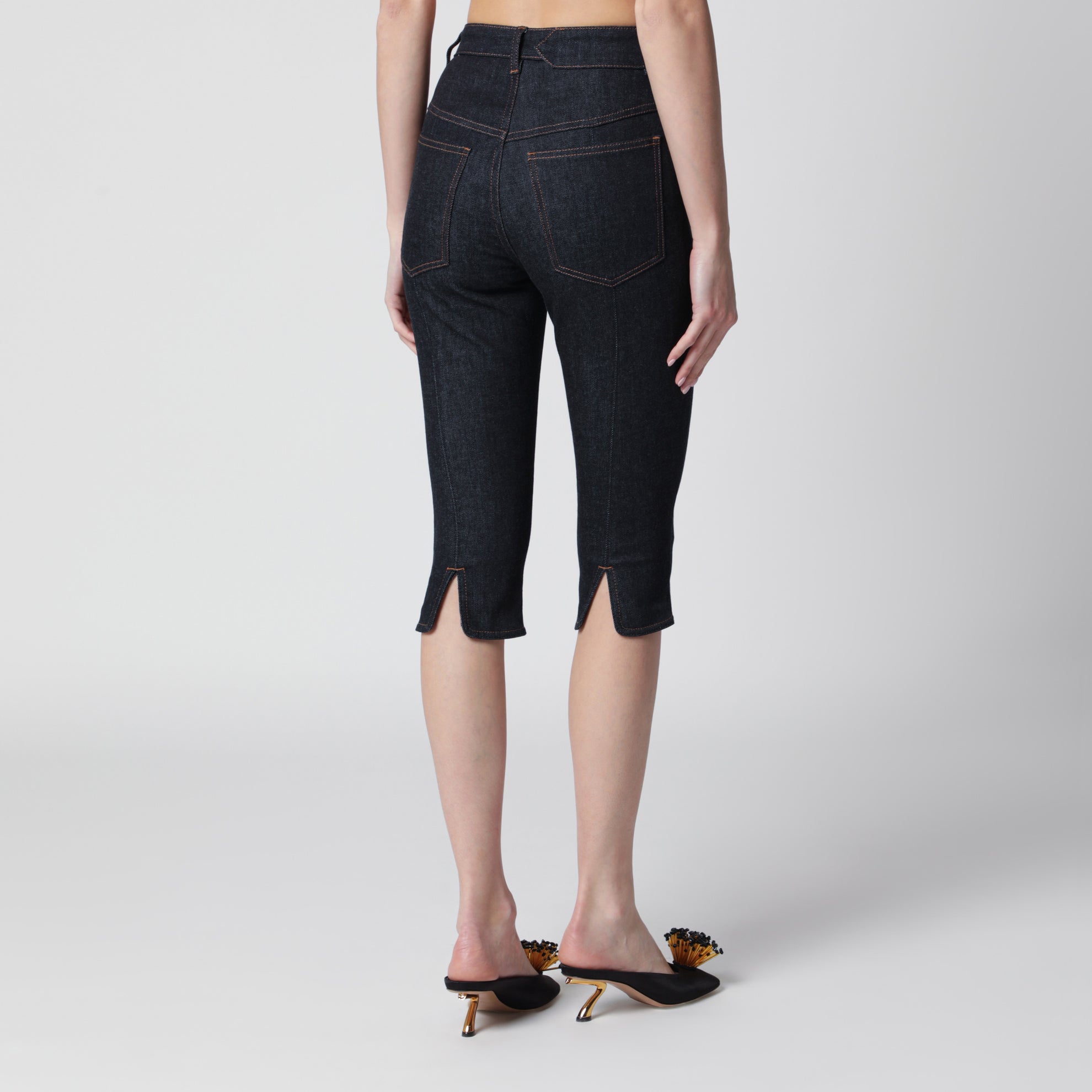Jeans Capri a vita alta in denim blu navy