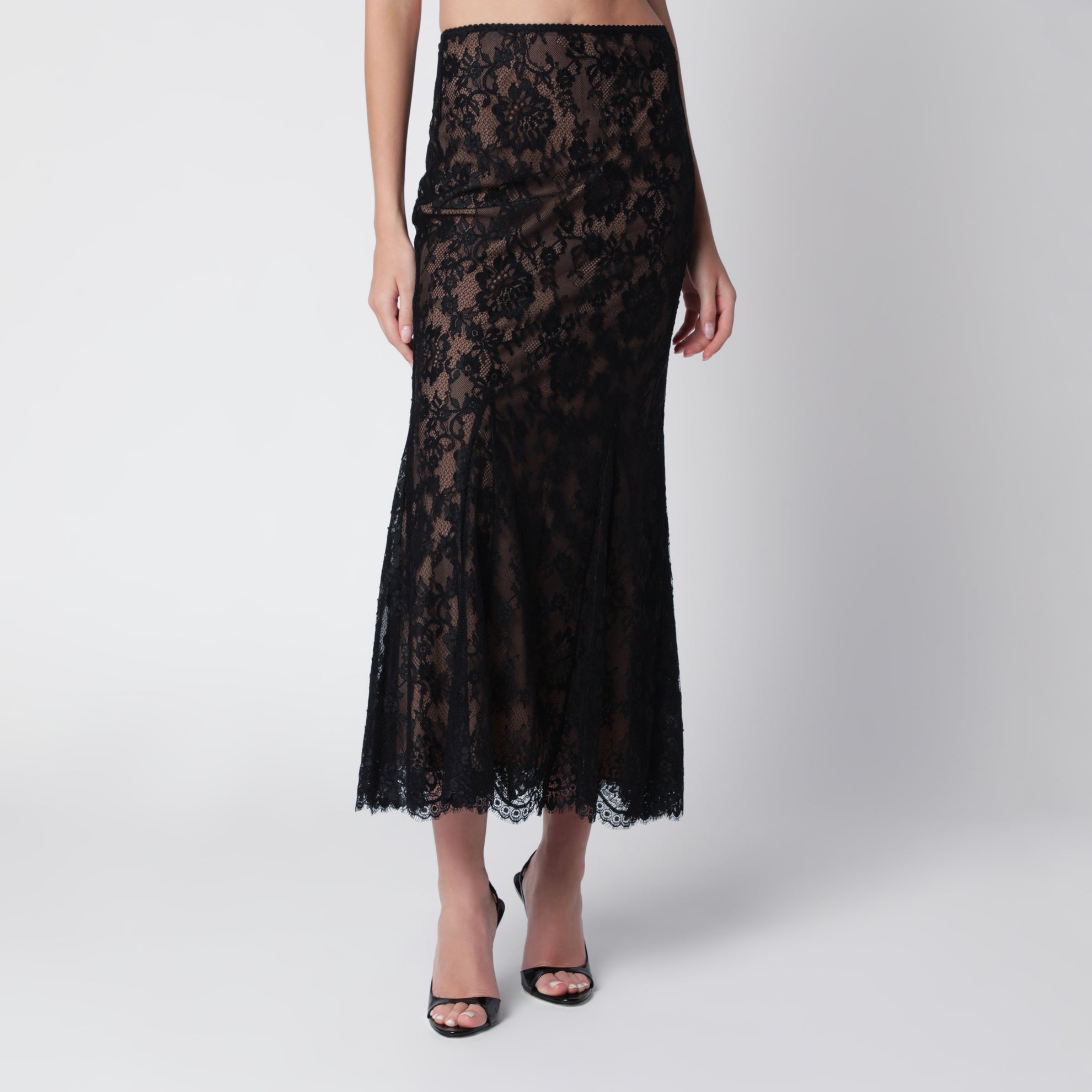 Jupe midi évasée en dentelle noire
