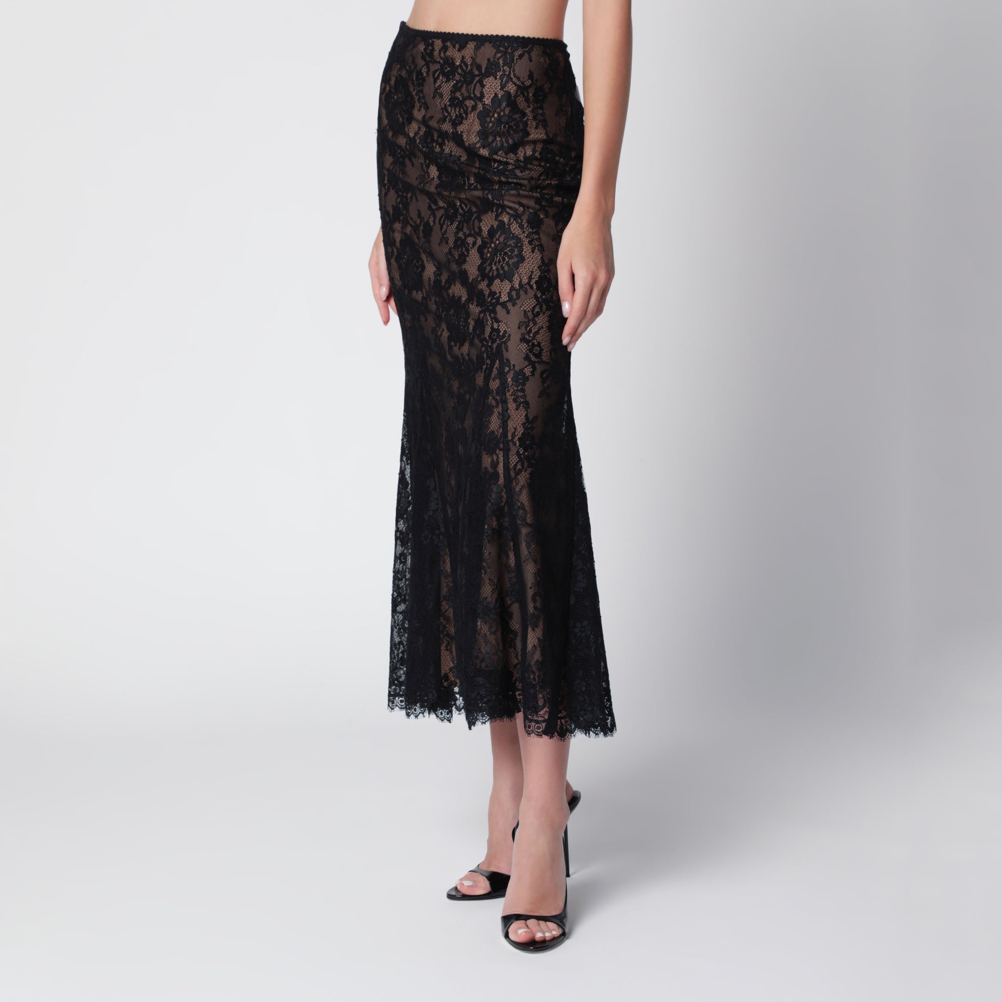 Jupe midi évasée en dentelle noire