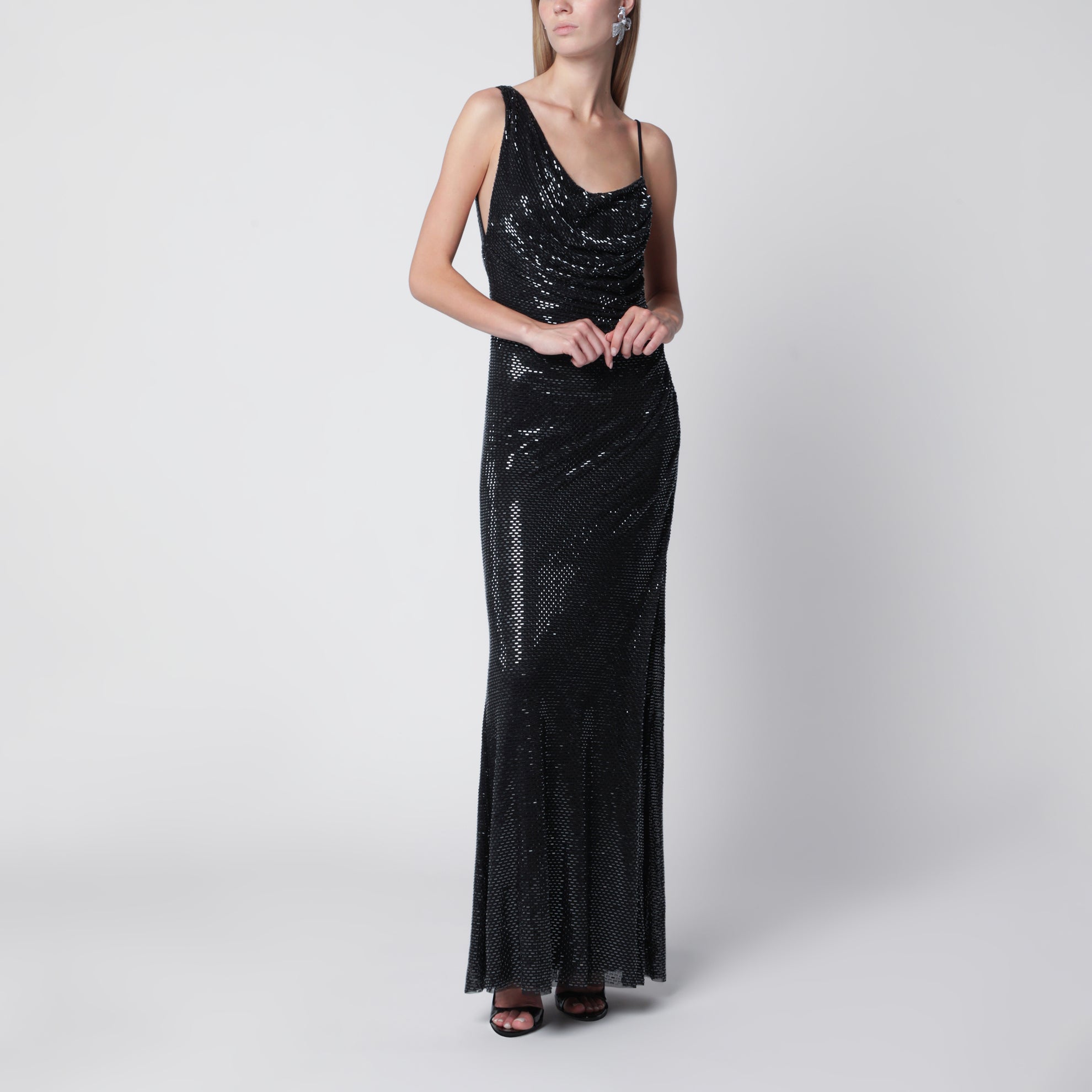 Robe longue drapée à strass noire
