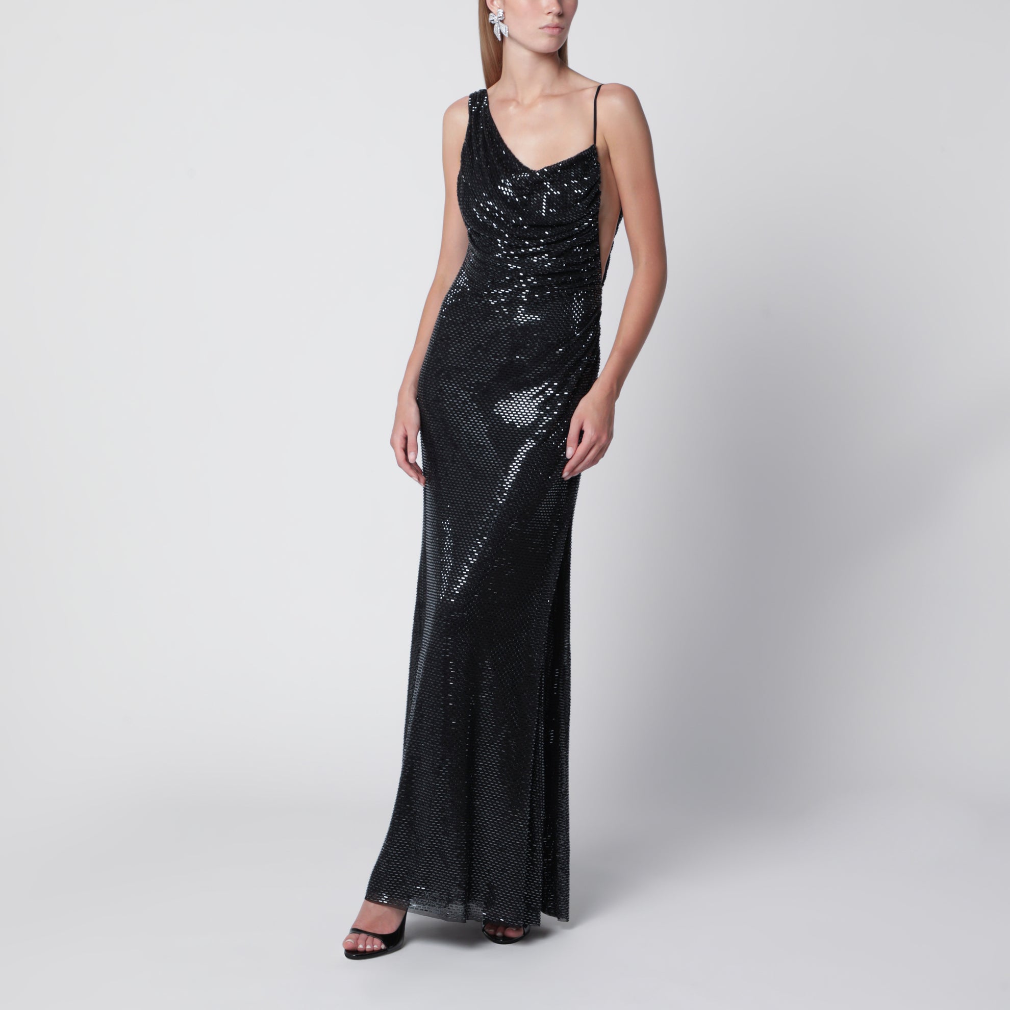 Robe longue drapée à strass noire