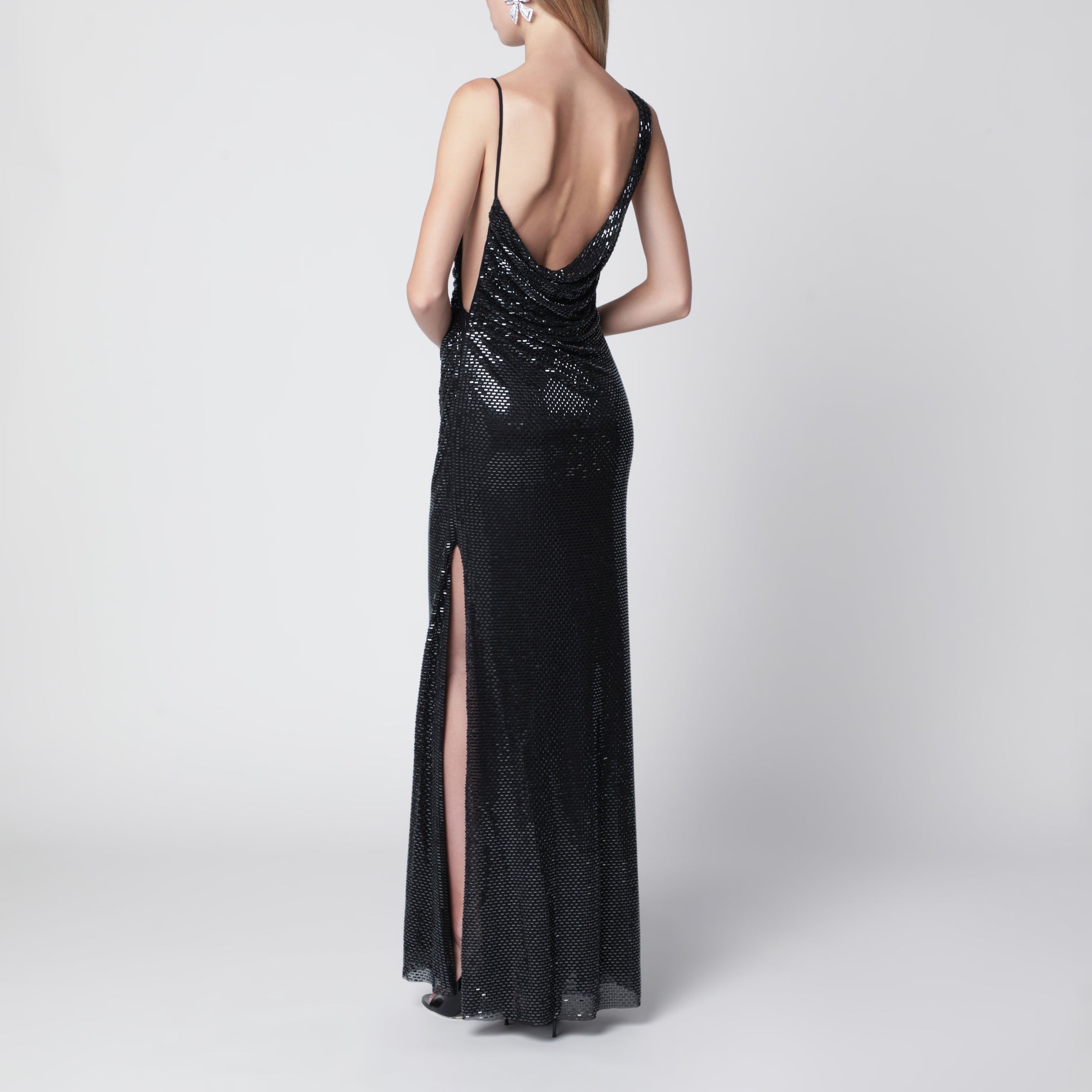 Robe longue drapée à strass noire