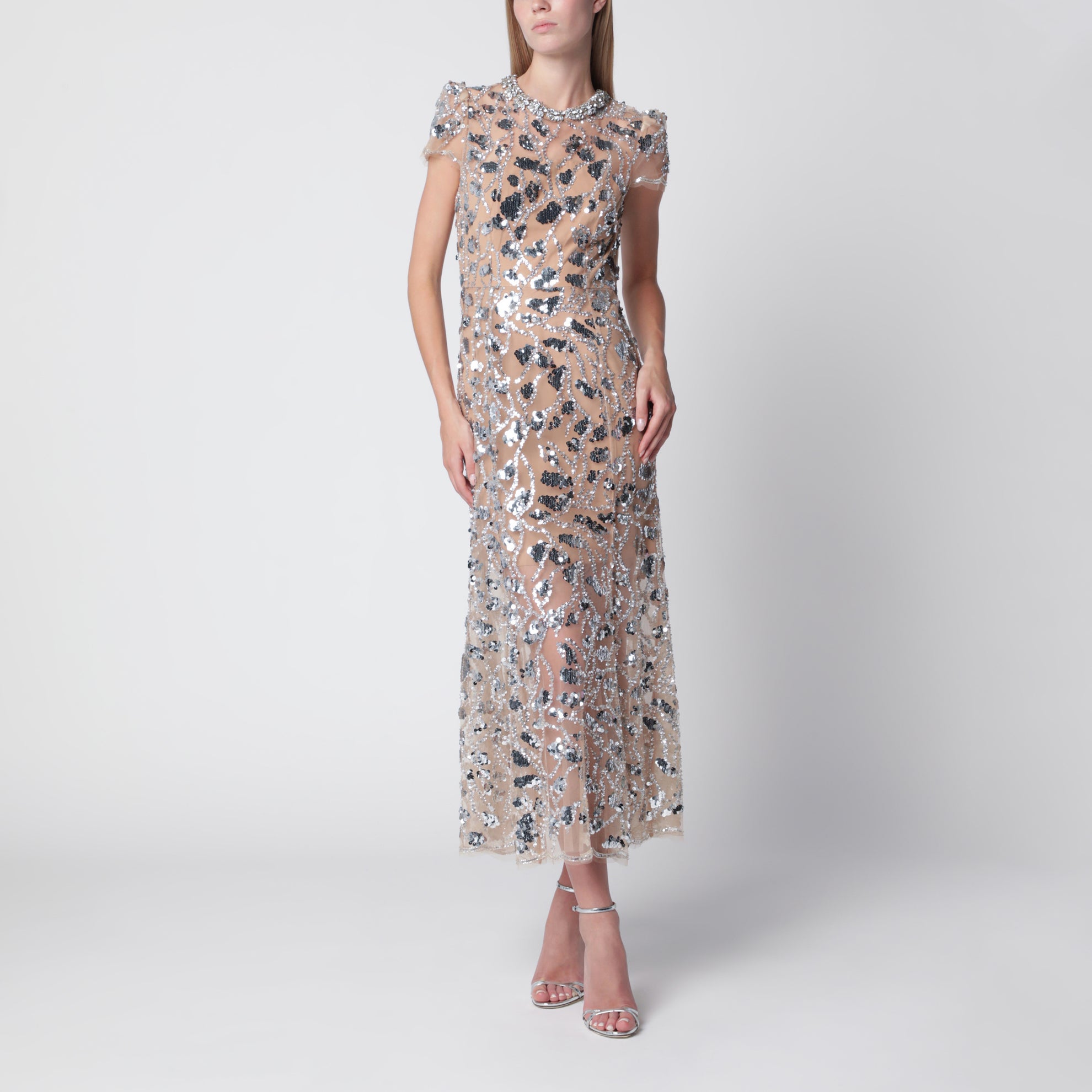 Silbernes Midikleid mit Pailletten aus Polyester