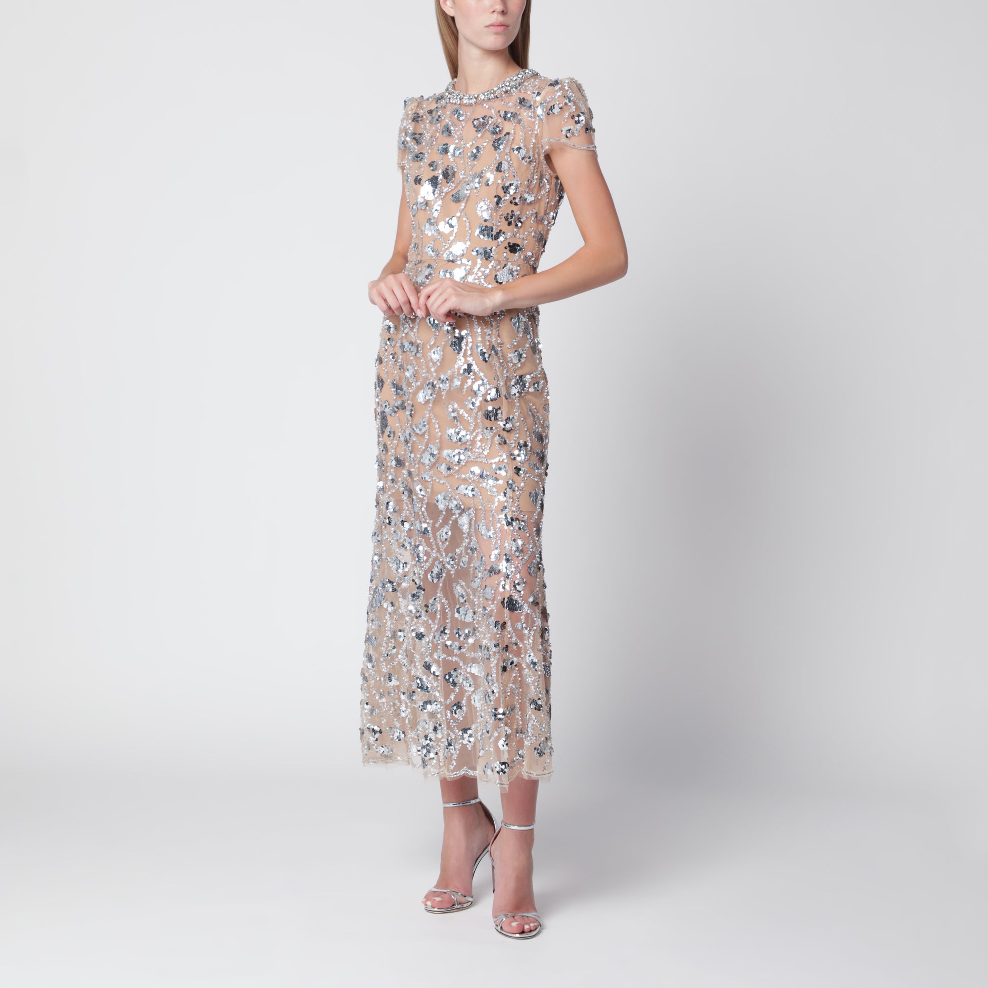 Silbernes Midikleid mit Pailletten aus Polyester