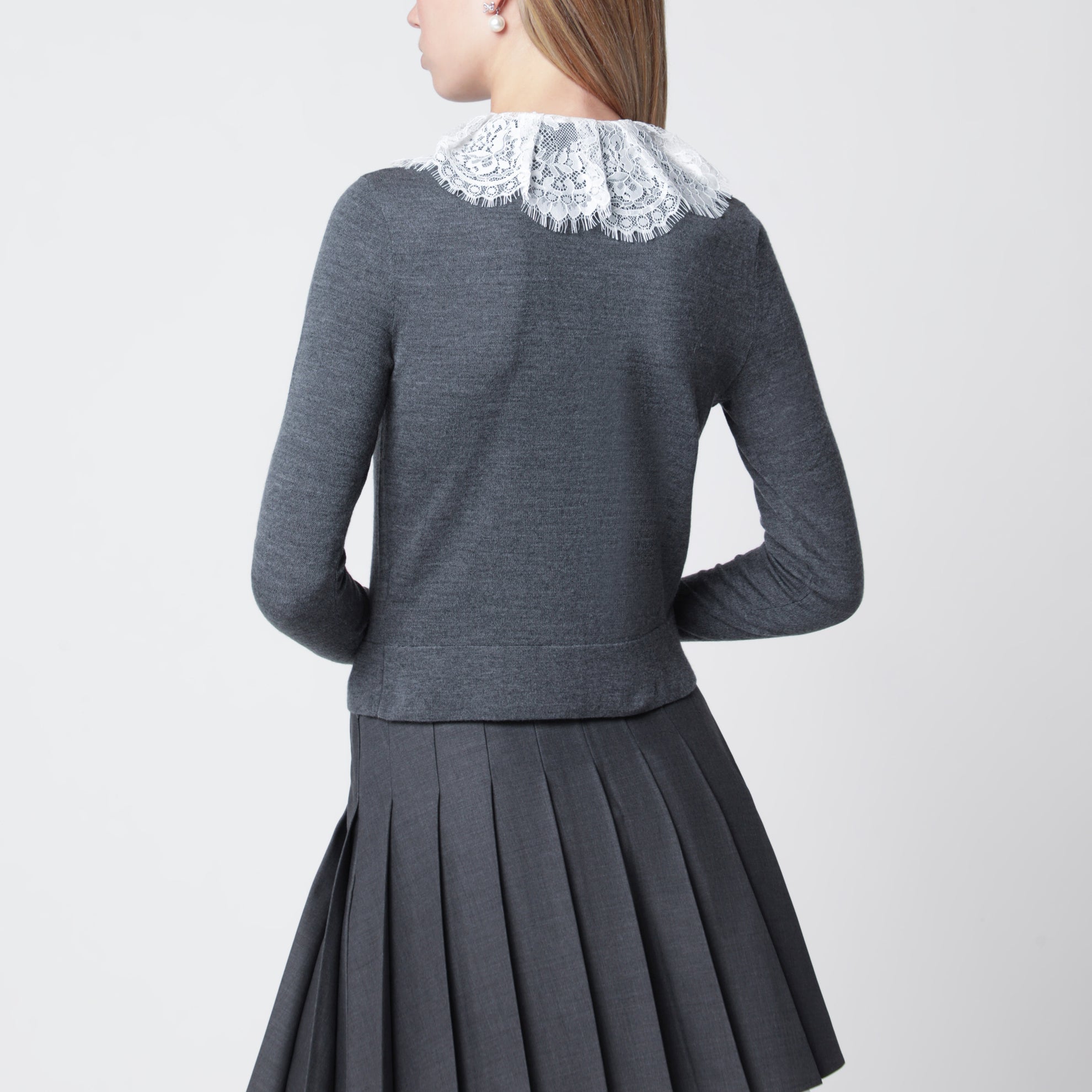 Knitted wool cardigan with lace collar in grey