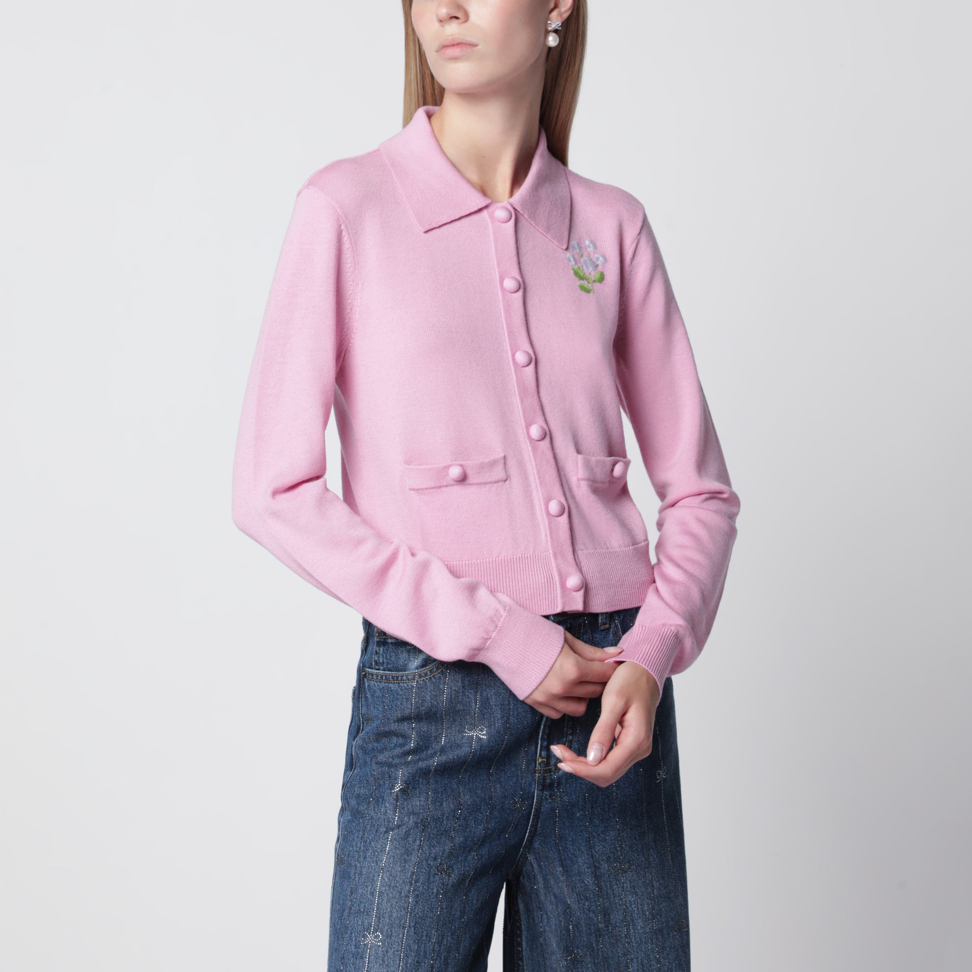 Cardigan in lana con ricami floreali rosa