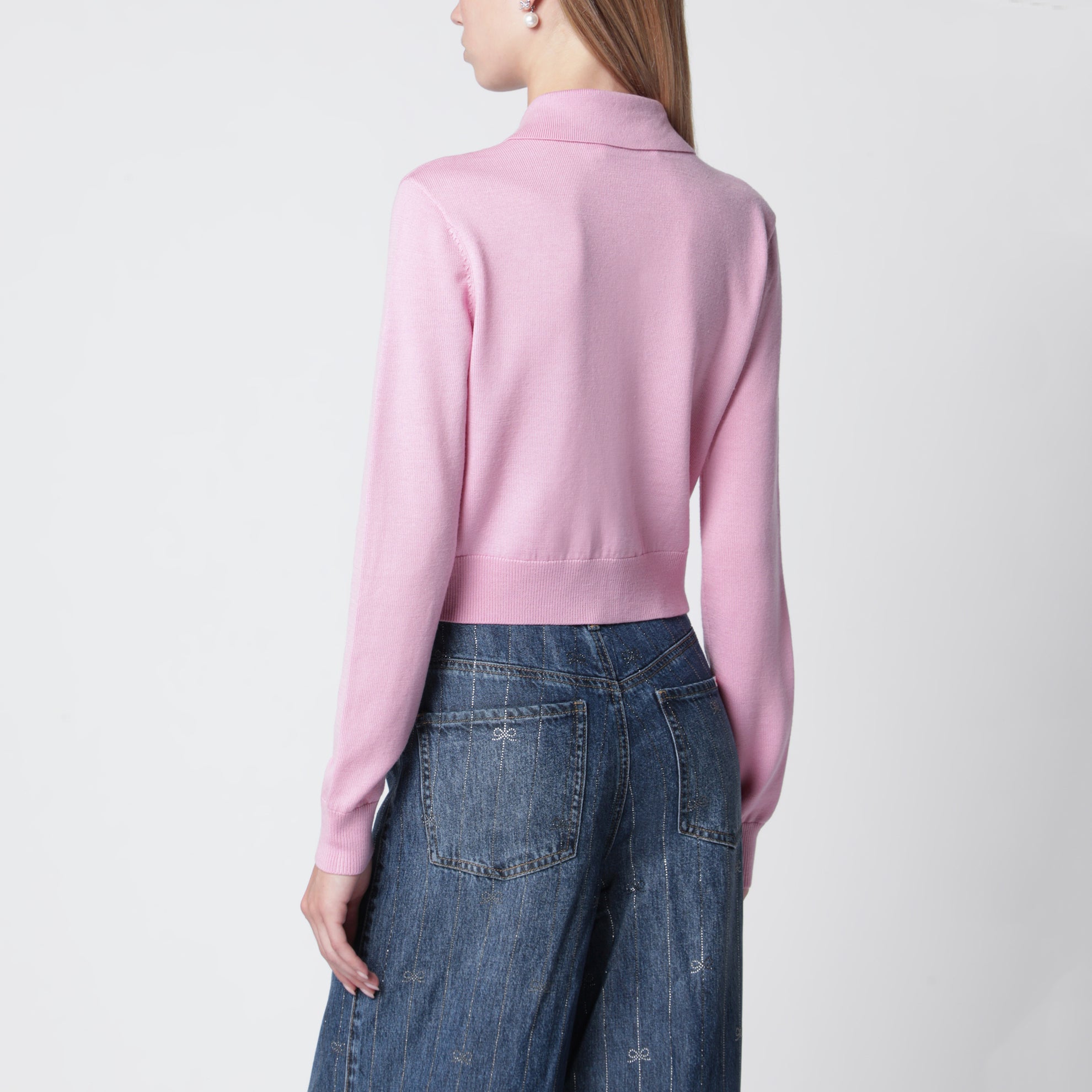 Cardigan in lana con ricami floreali rosa