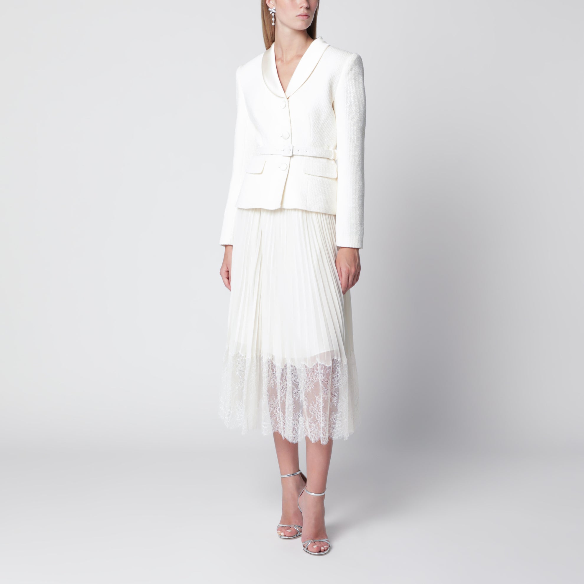 Robe midi à col châle en bouclé crème