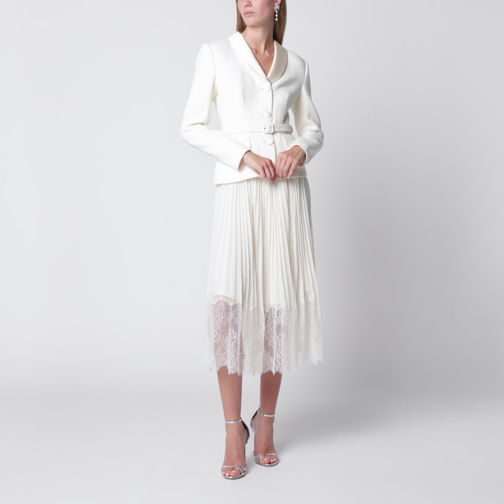 Robe midi à col châle en bouclé crème