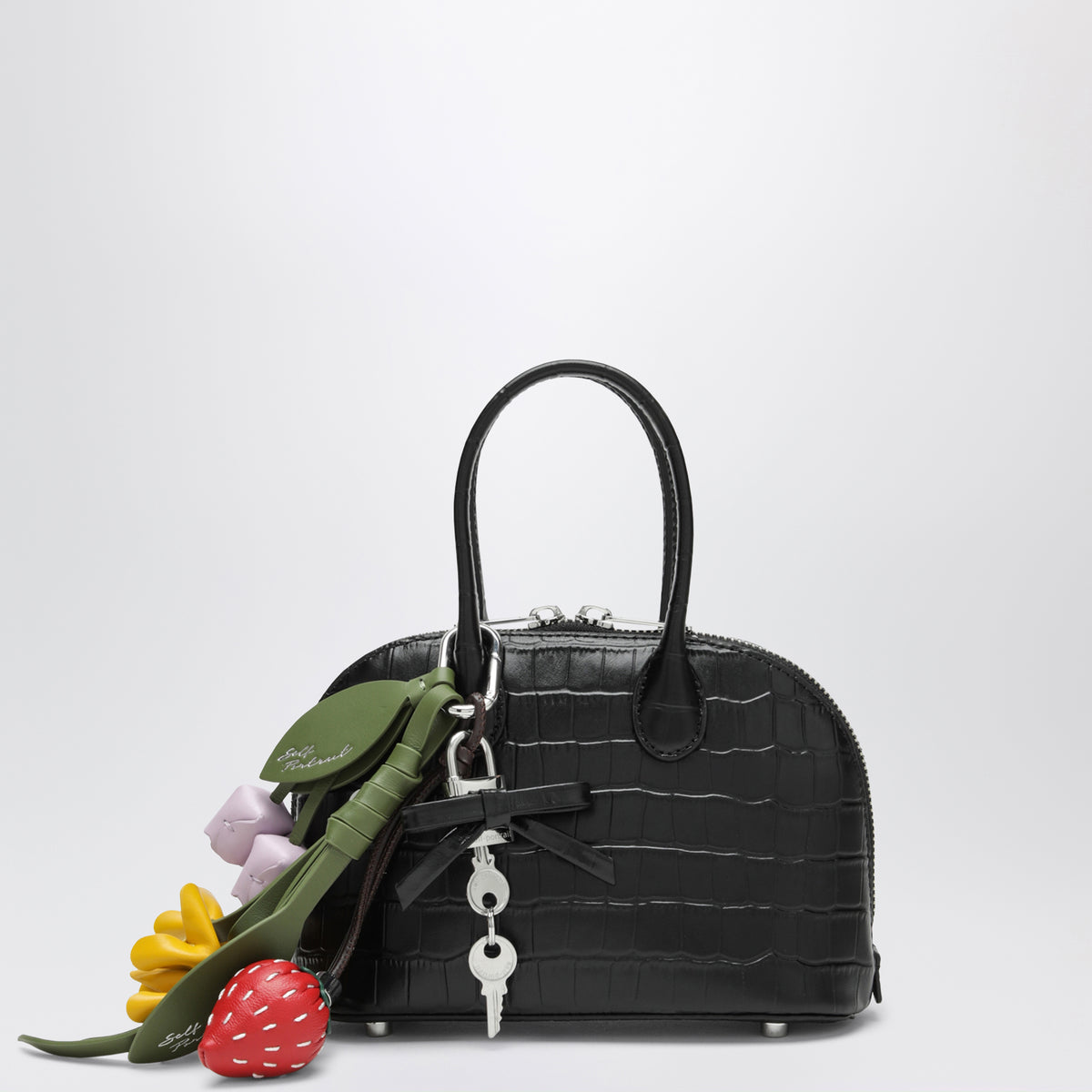 Mini-Bowlingtasche aus geprägtem Leder in Schwarz