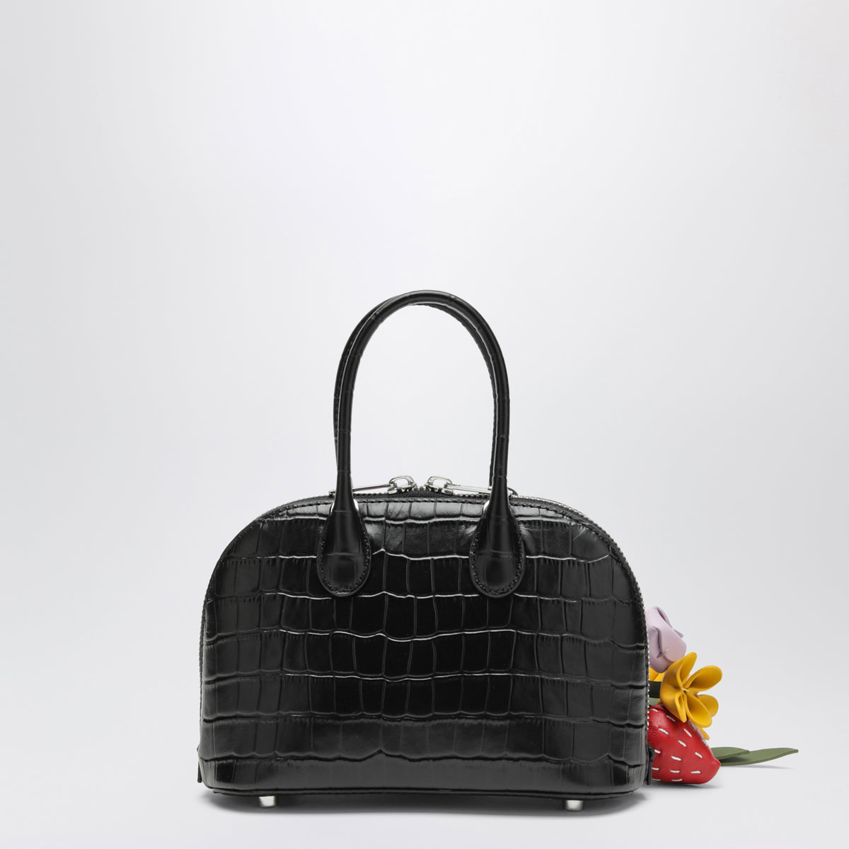 Mini-Bowlingtasche aus geprägtem Leder in Schwarz