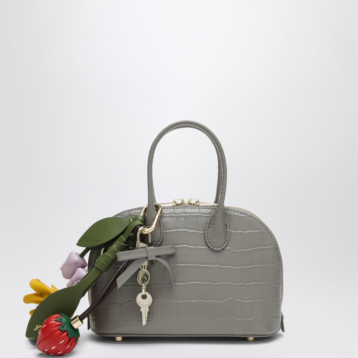 Mini-Bowlingtasche aus grauem, geprägtem Leder