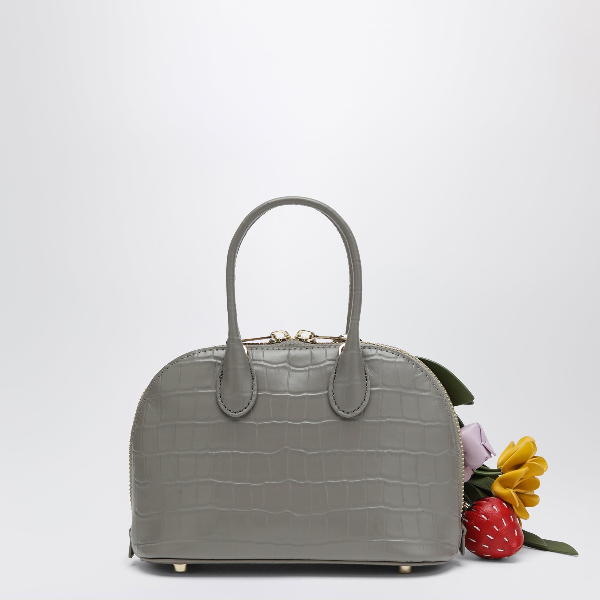 Mini-Bowlingtasche aus grauem, geprägtem Leder