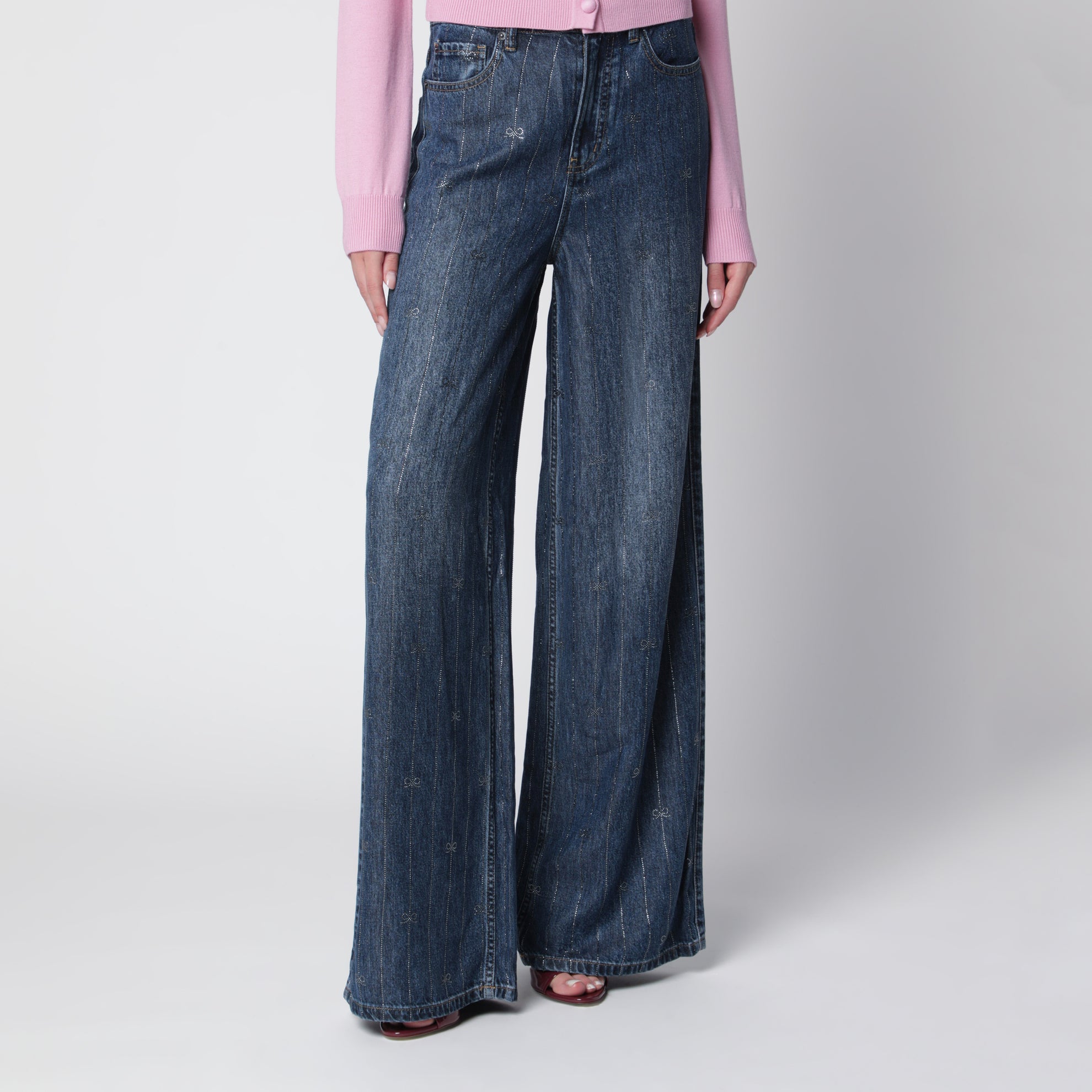 Jeans a vita alta con strisce di strass in denim blu