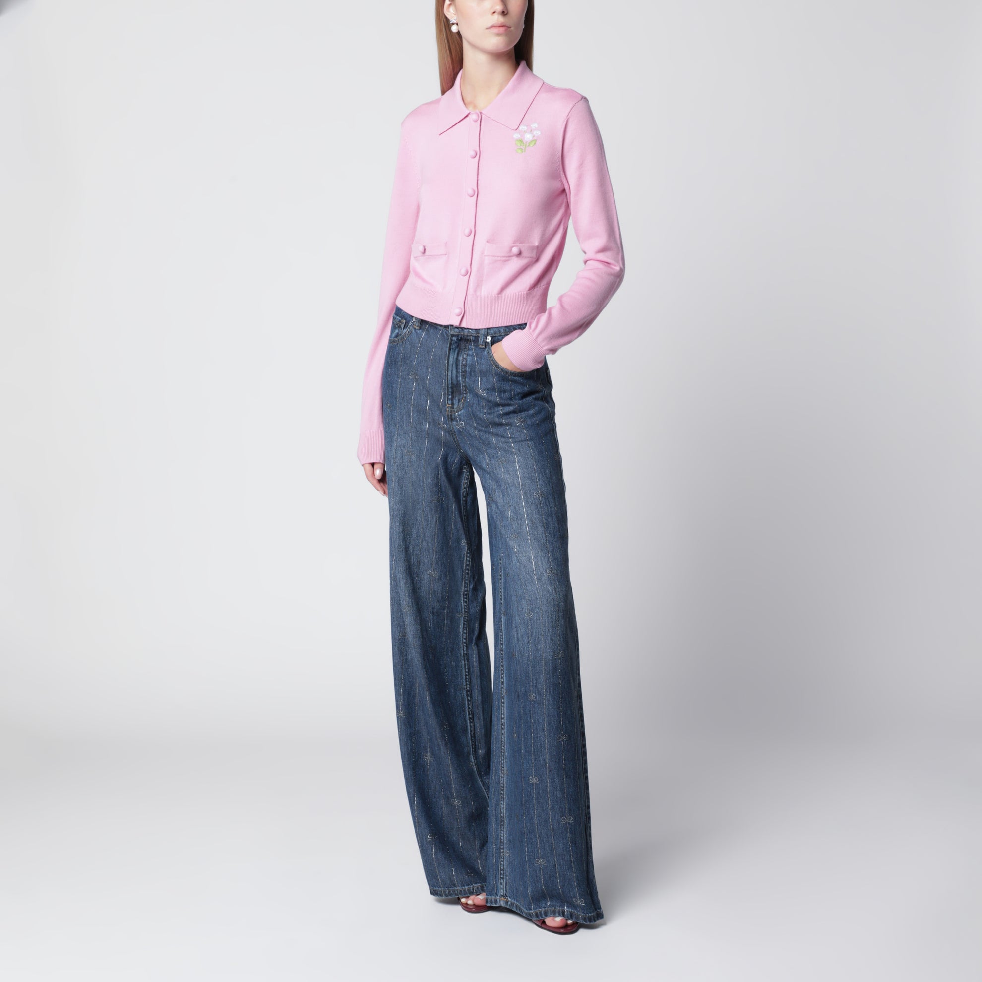 Jeans a vita alta con strisce di strass in denim blu