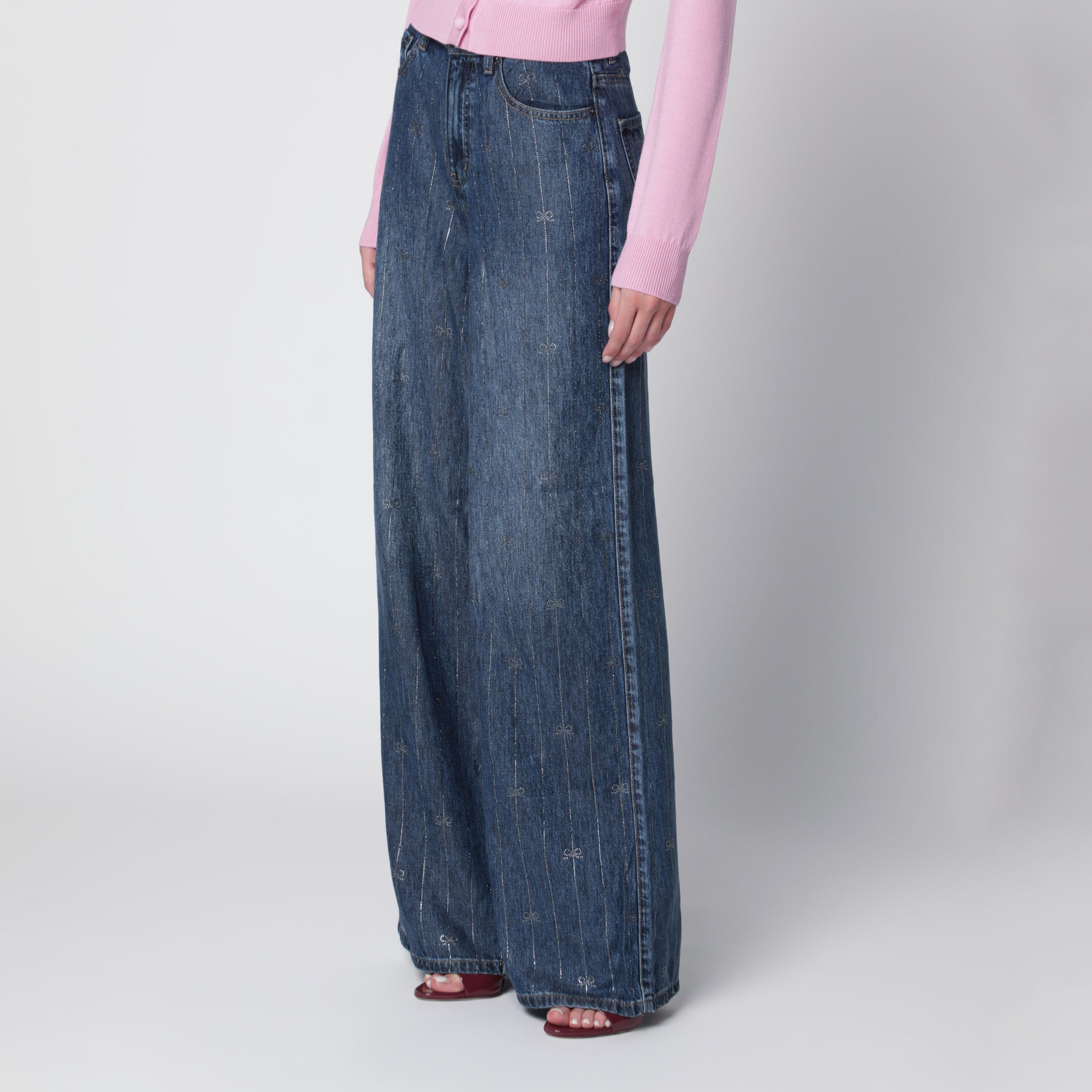 Jeans a vita alta con strisce di strass in denim blu