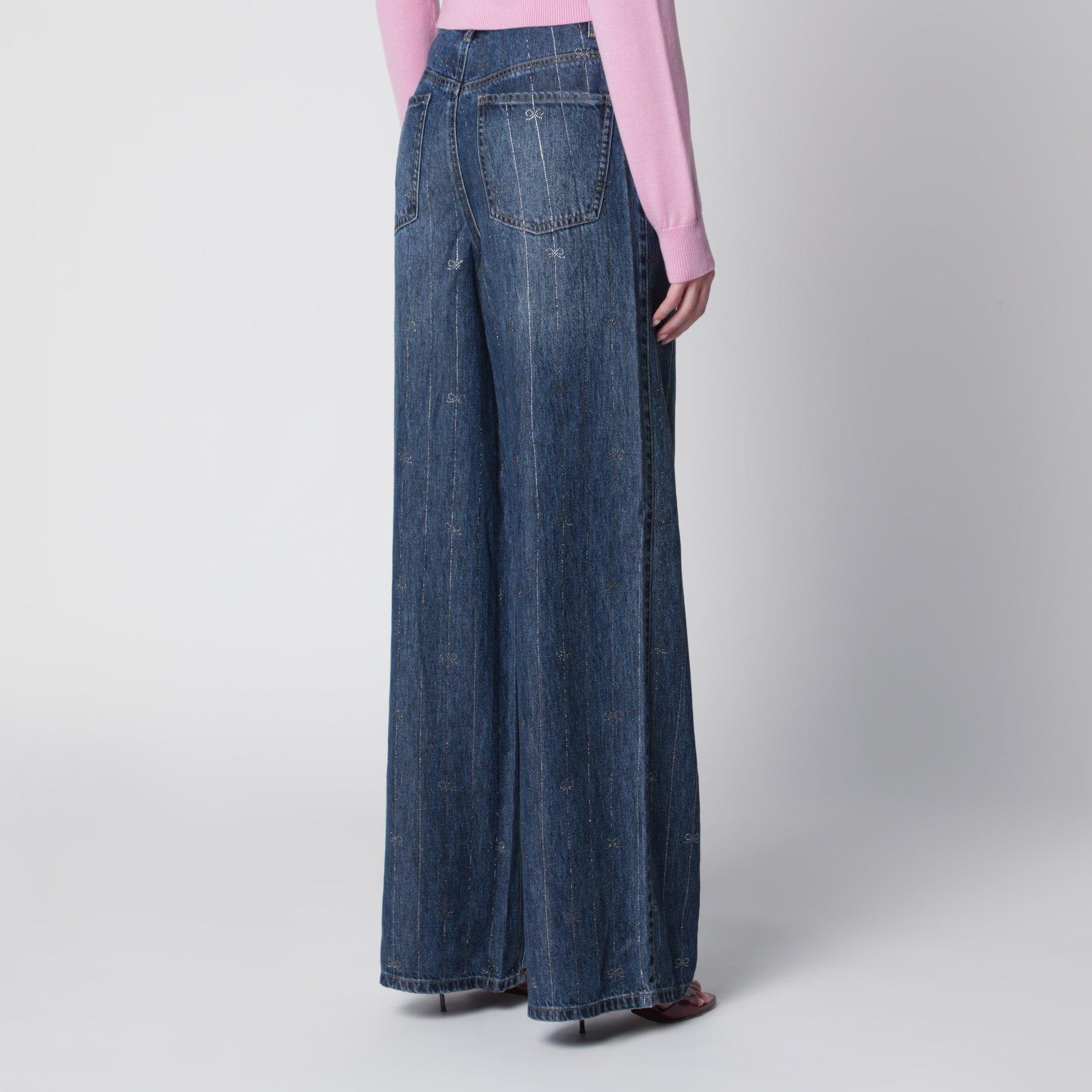 Jeans a vita alta con strisce di strass in denim blu