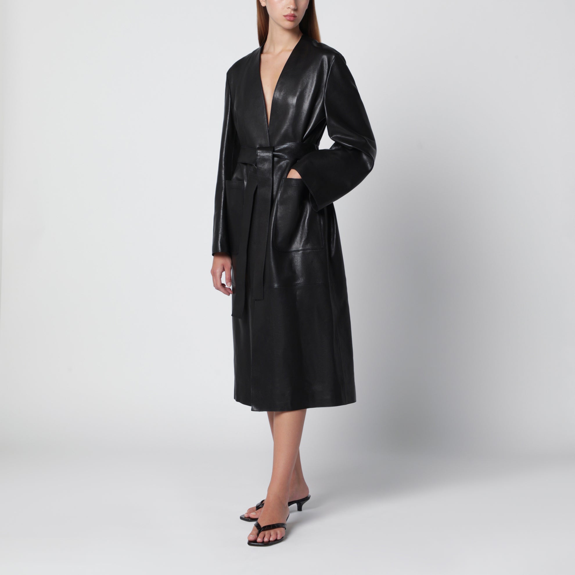 Ruelle belted coat in smooth black leather