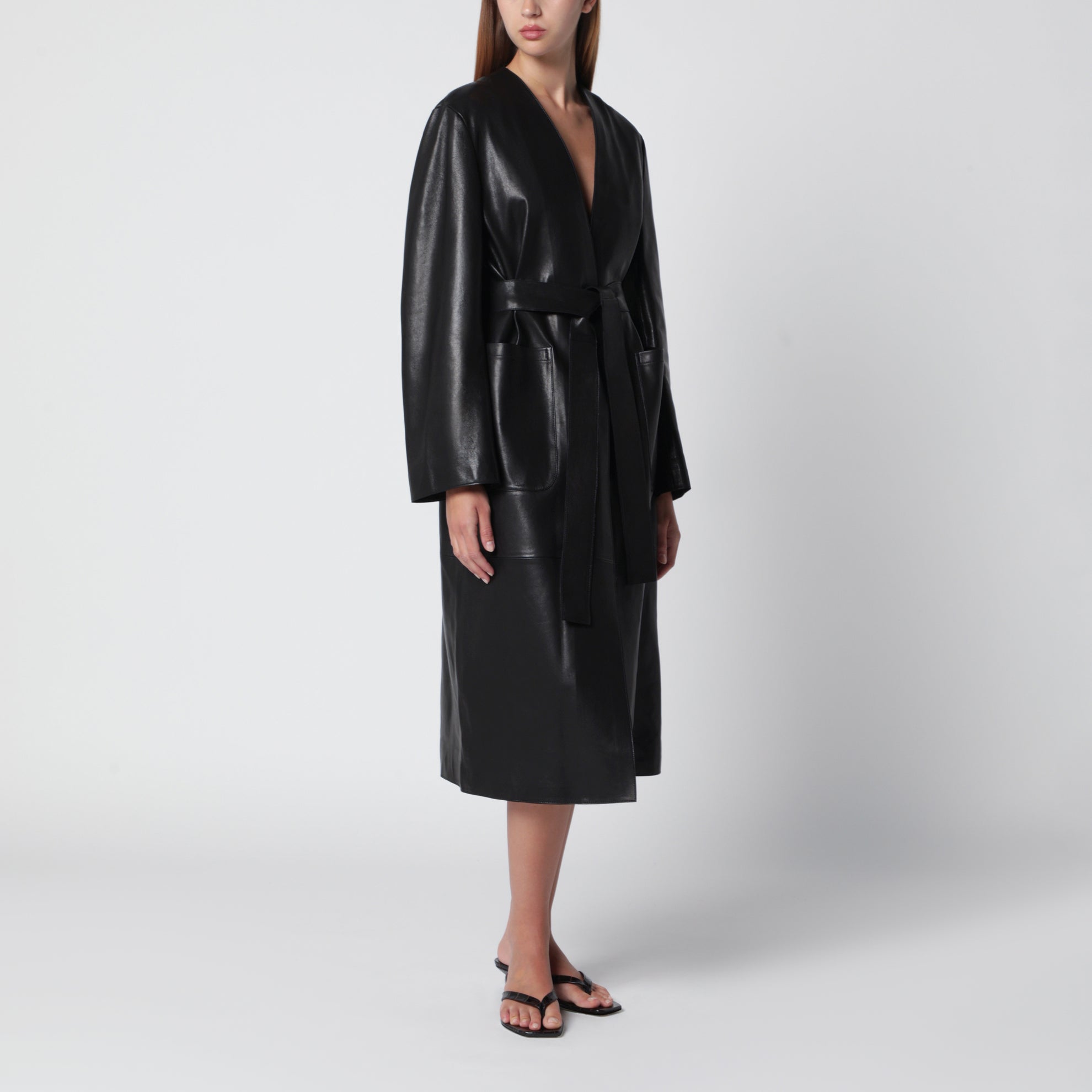 Ruelle belted coat in smooth black leather