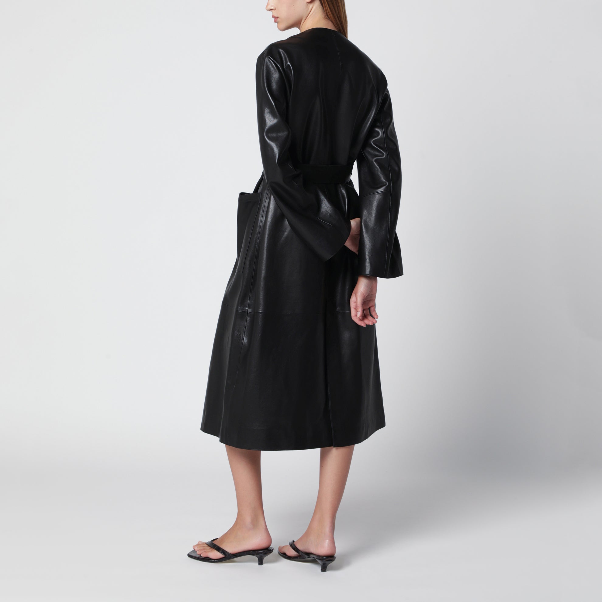 Ruelle belted coat in smooth black leather