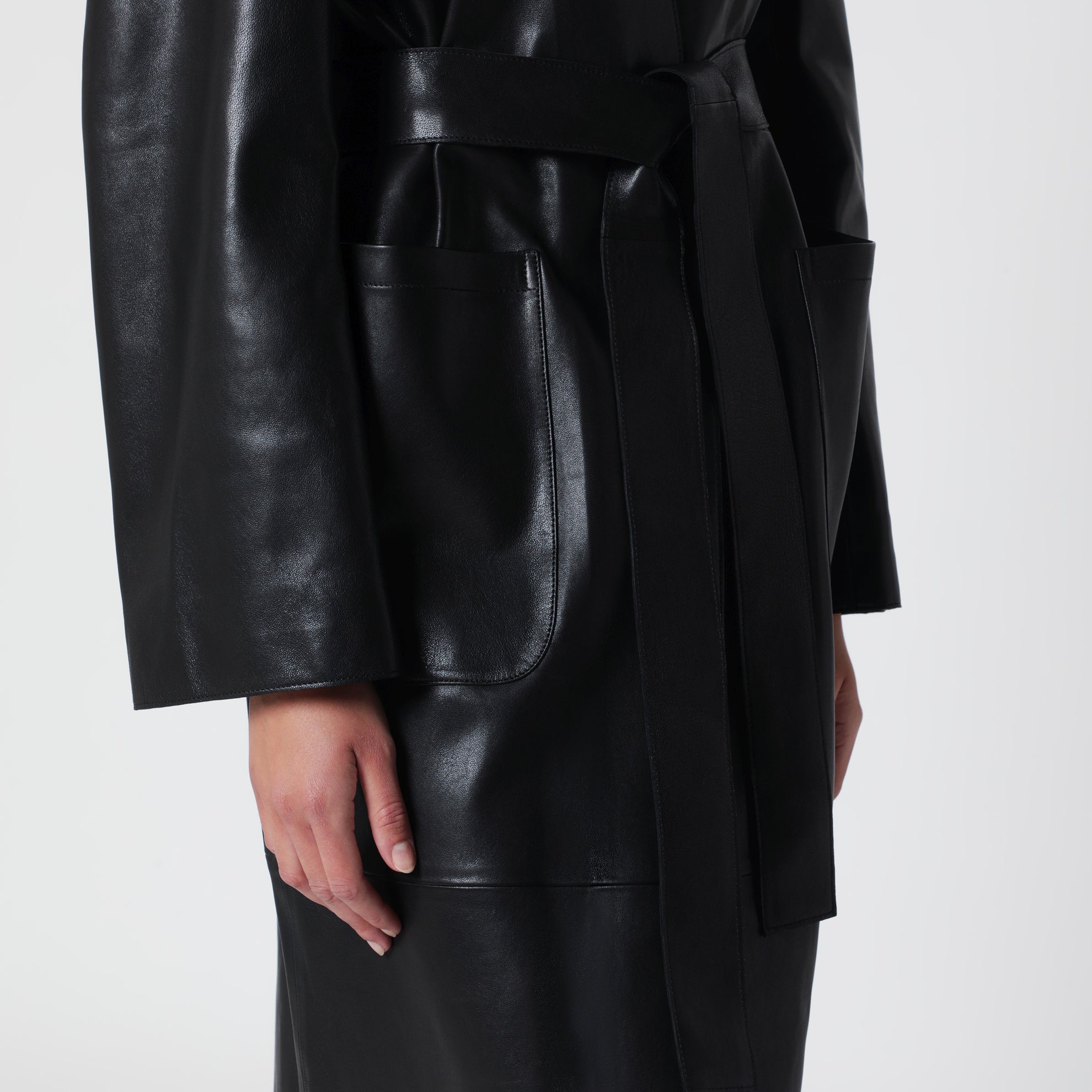 Ruelle belted coat in smooth black leather