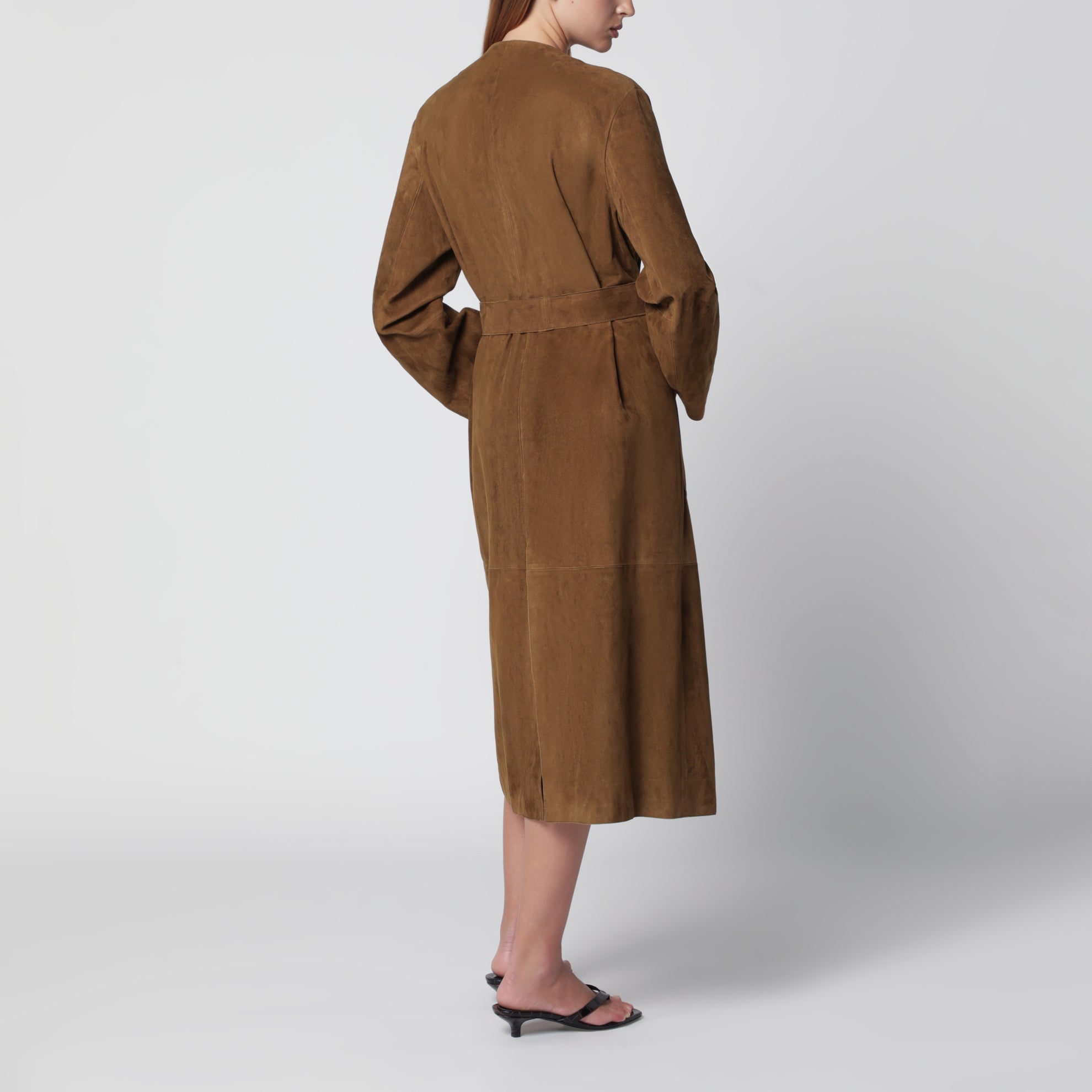 Cappotto con cintura Ruelle in pelle scamosciata marrone