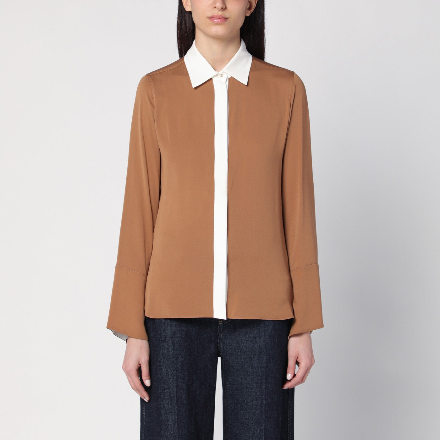 Camicia cammello in seta color-block