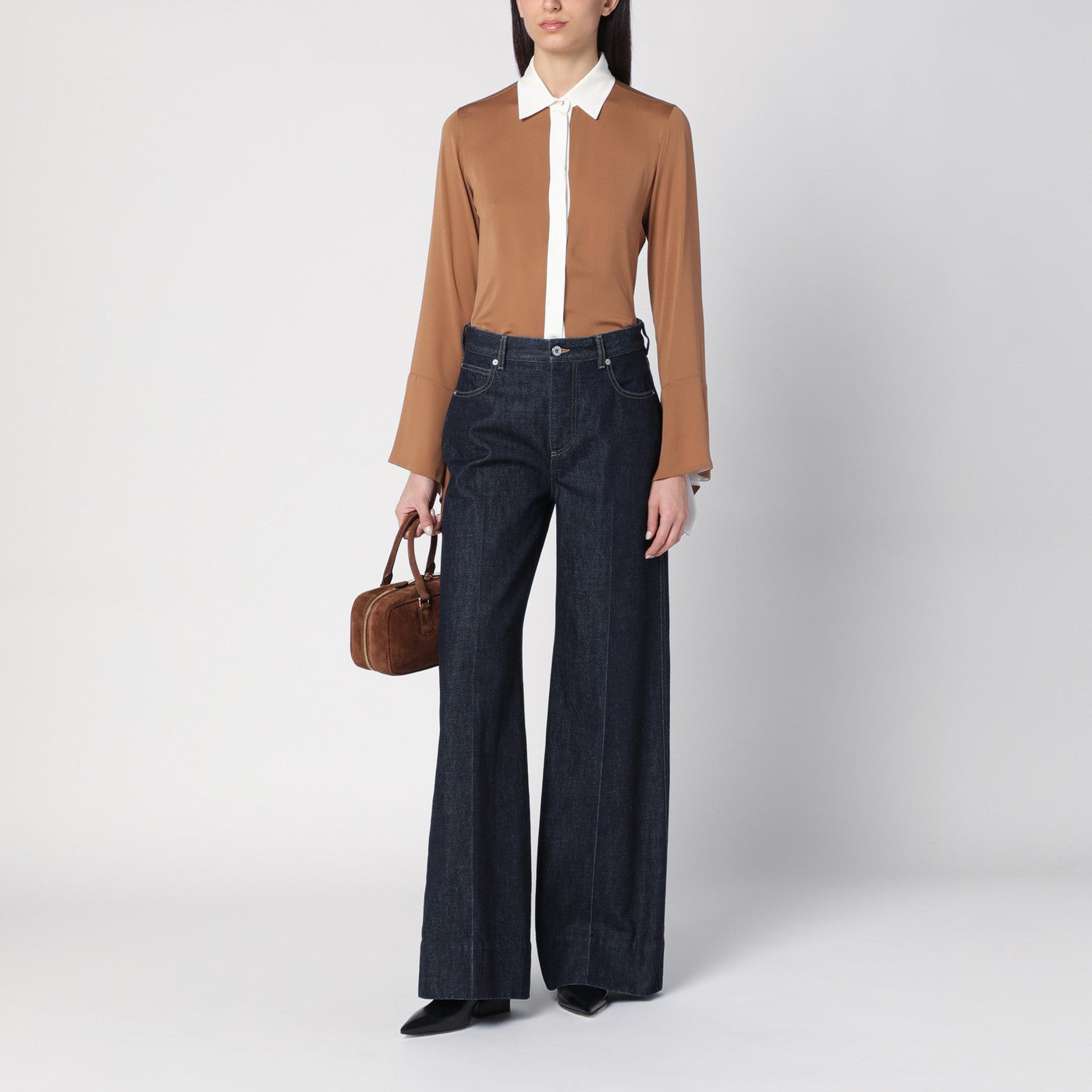 Camicia cammello in seta color-block