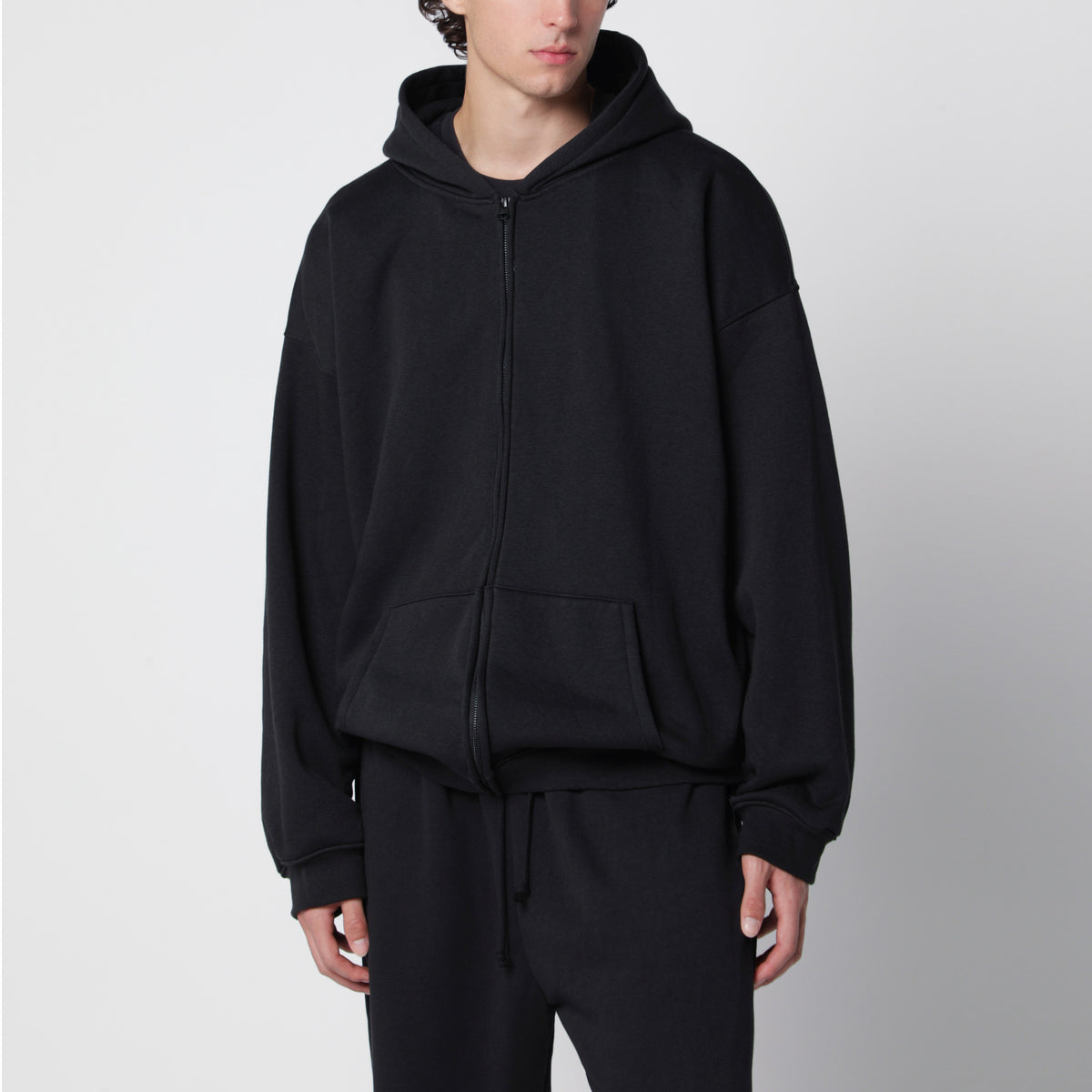 Sweat-shirt à capuche zippé noir délavé en molleton de coton