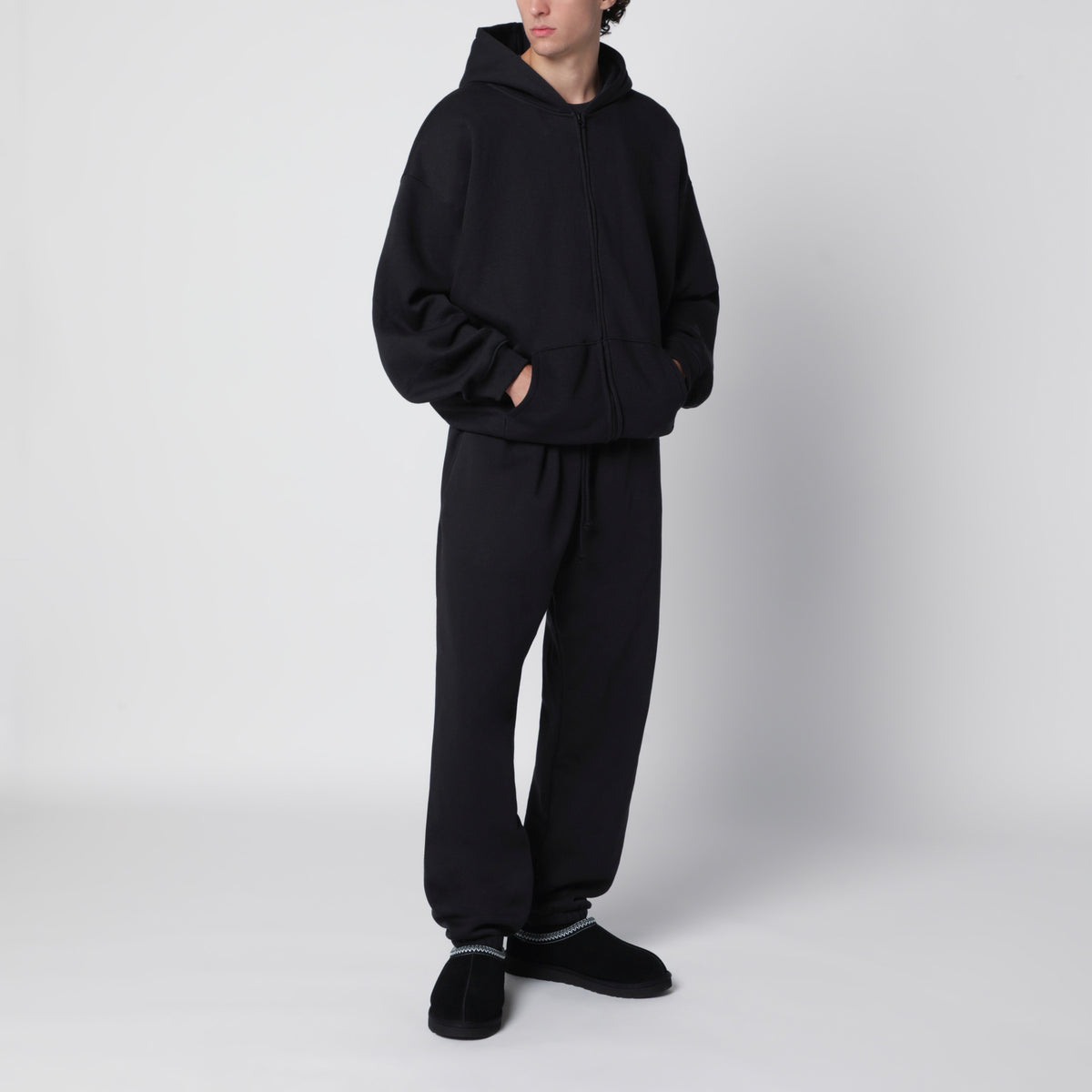 Sweat-shirt à capuche zippé noir délavé en molleton de coton