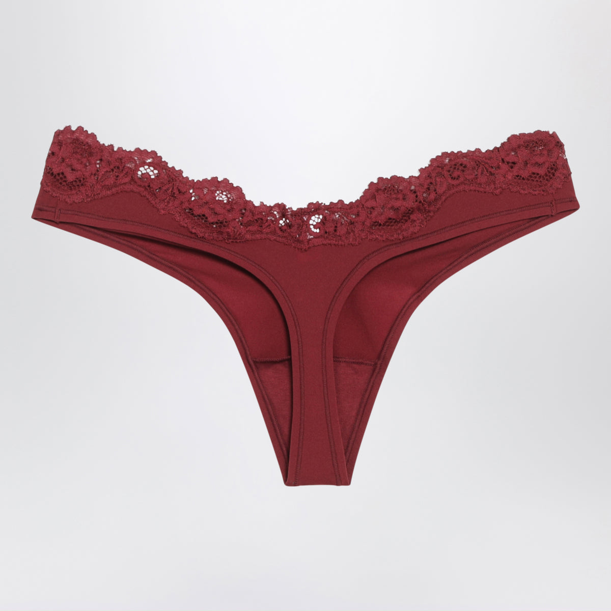 Burgundy high-cut thong in stretch lace