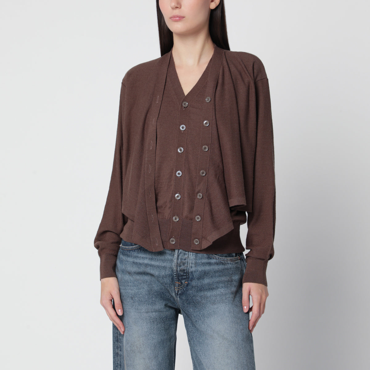 Brauner Trompe l'oeil Cardigan aus Wollmischung