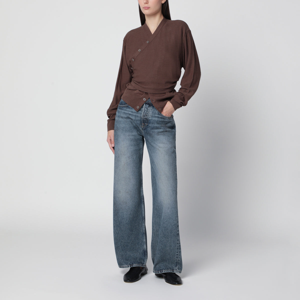 Brauner Trompe l'oeil Cardigan aus Wollmischung