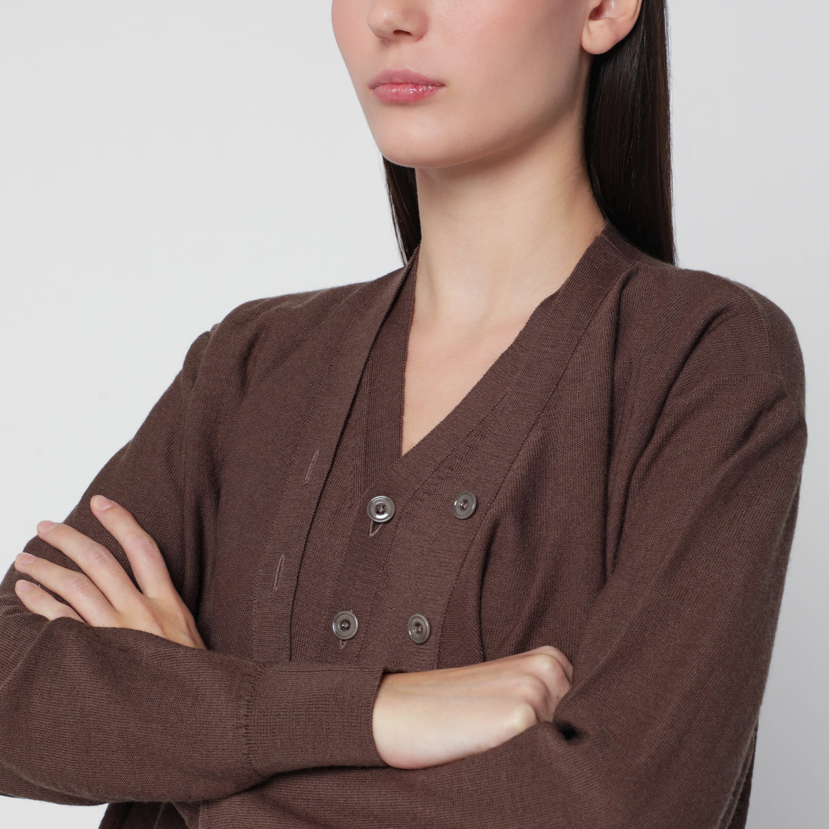 Brauner Trompe l'oeil Cardigan aus Wollmischung